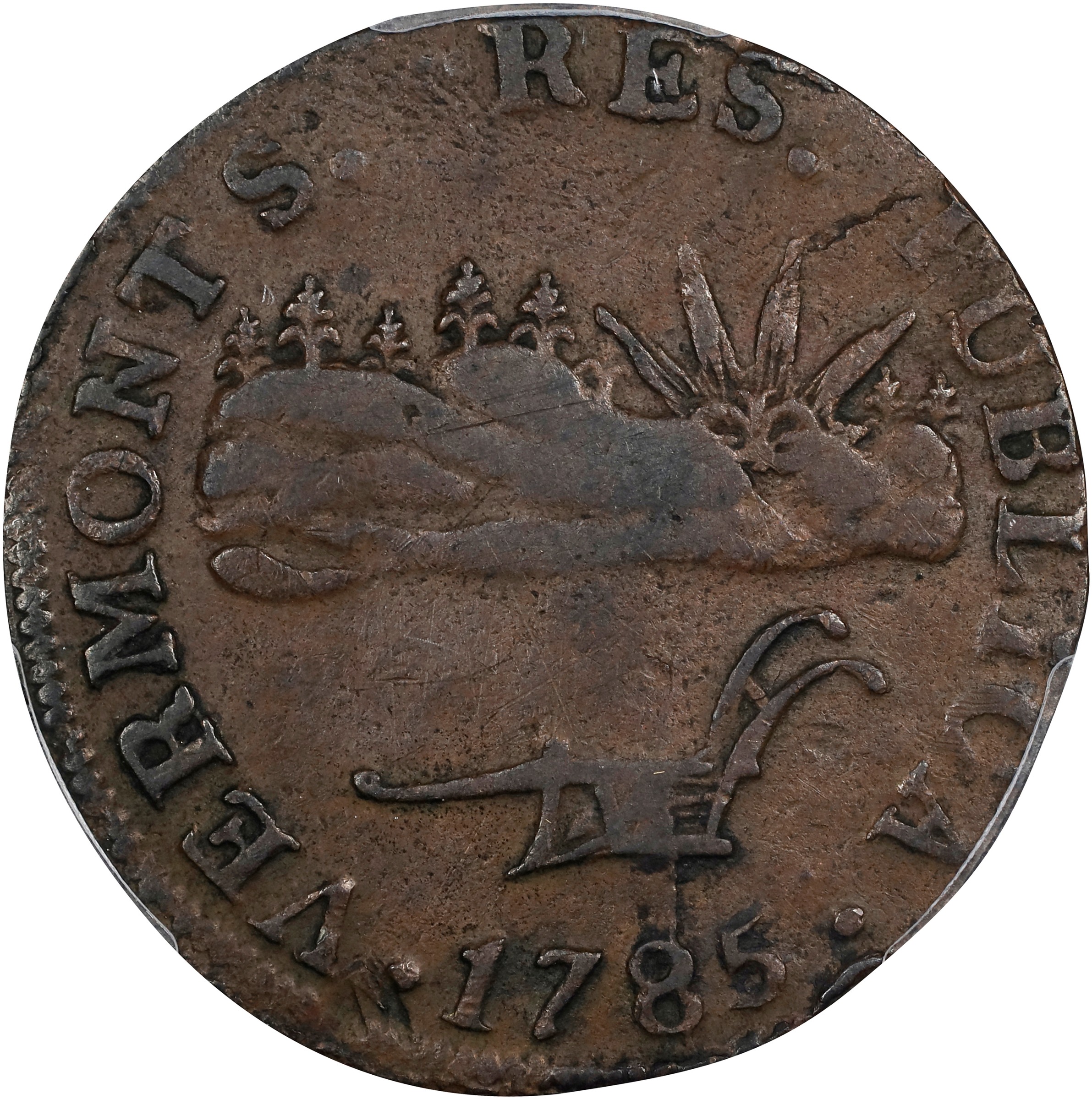 image for: 1785 Vermont Copper. Landscape. RR-2, Bressett 1-A, W-2005. Rarity-3. VERMONTS. EF-45 (PCGS).