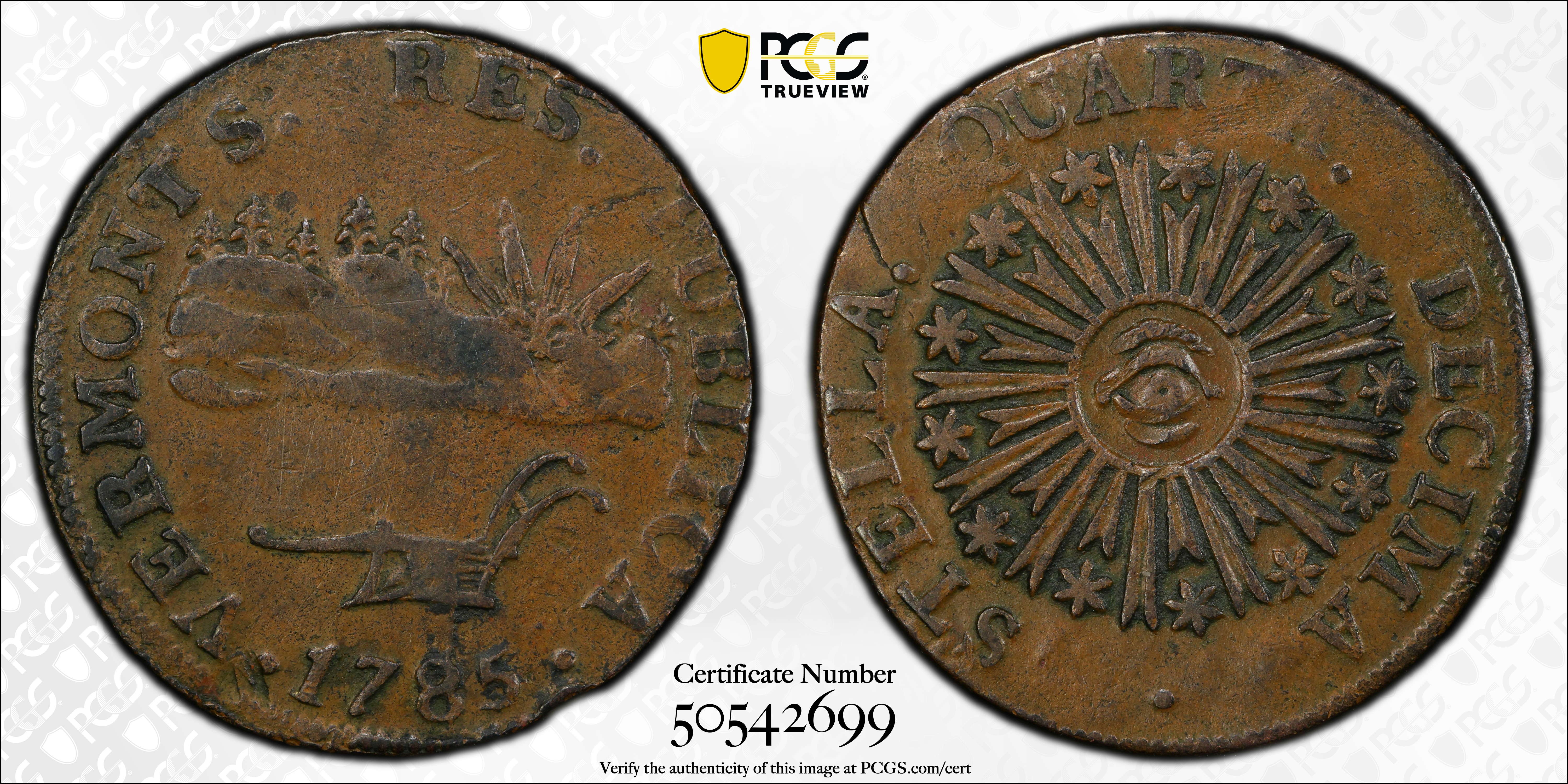 image for: 1785 Vermont Copper. Landscape. RR-2, Bressett 1-A, W-2005. Rarity-3. VERMONTS. EF-45 (PCGS).