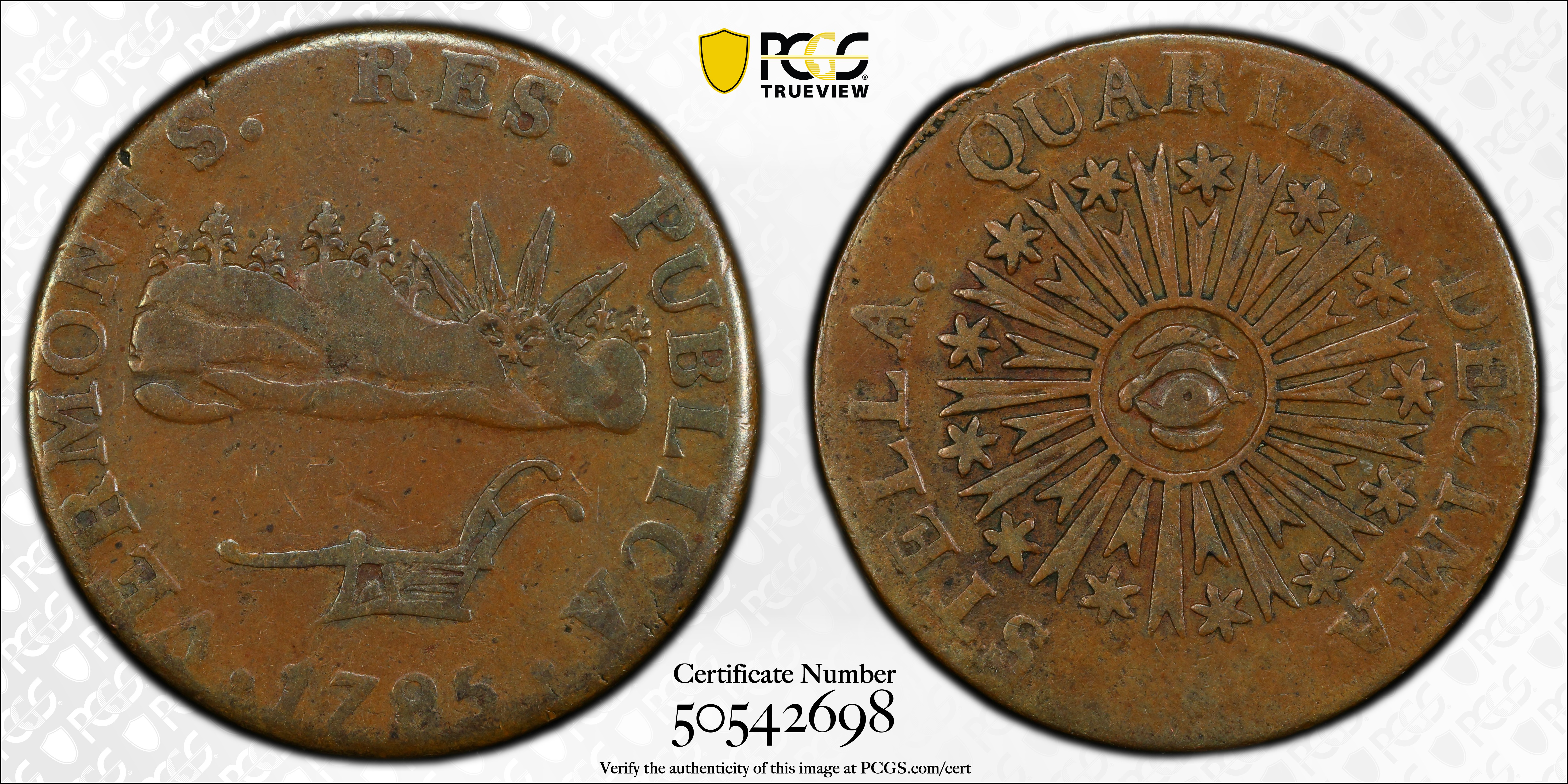 image for: 1785 Vermont Copper. Landscape. RR-2, Bressett 1-A, W-2005. Rarity-3. VERMONTS. EF-40 (PCGS).