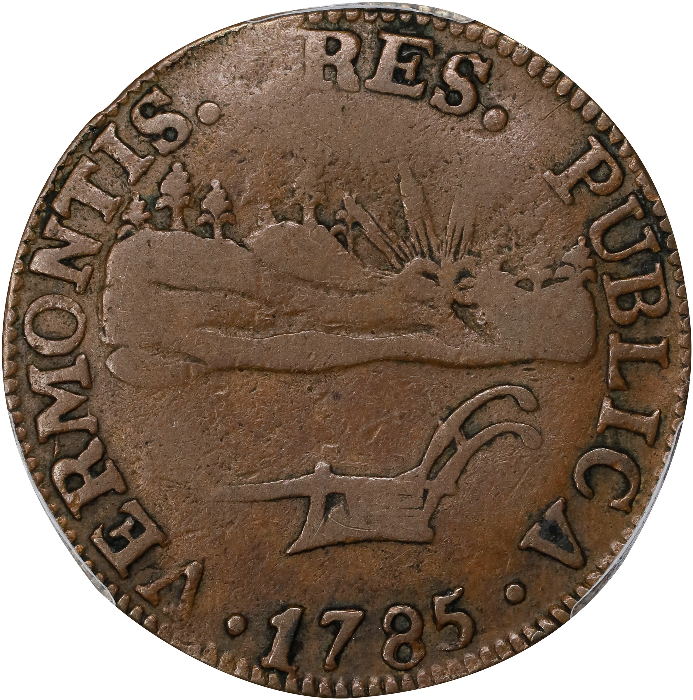 image for: 1785 Vermont Copper. Landscape. RR-4, Bressett 3-C, W-2015. Rarity-4. VERMONTIS. EF-40 (PCGS).