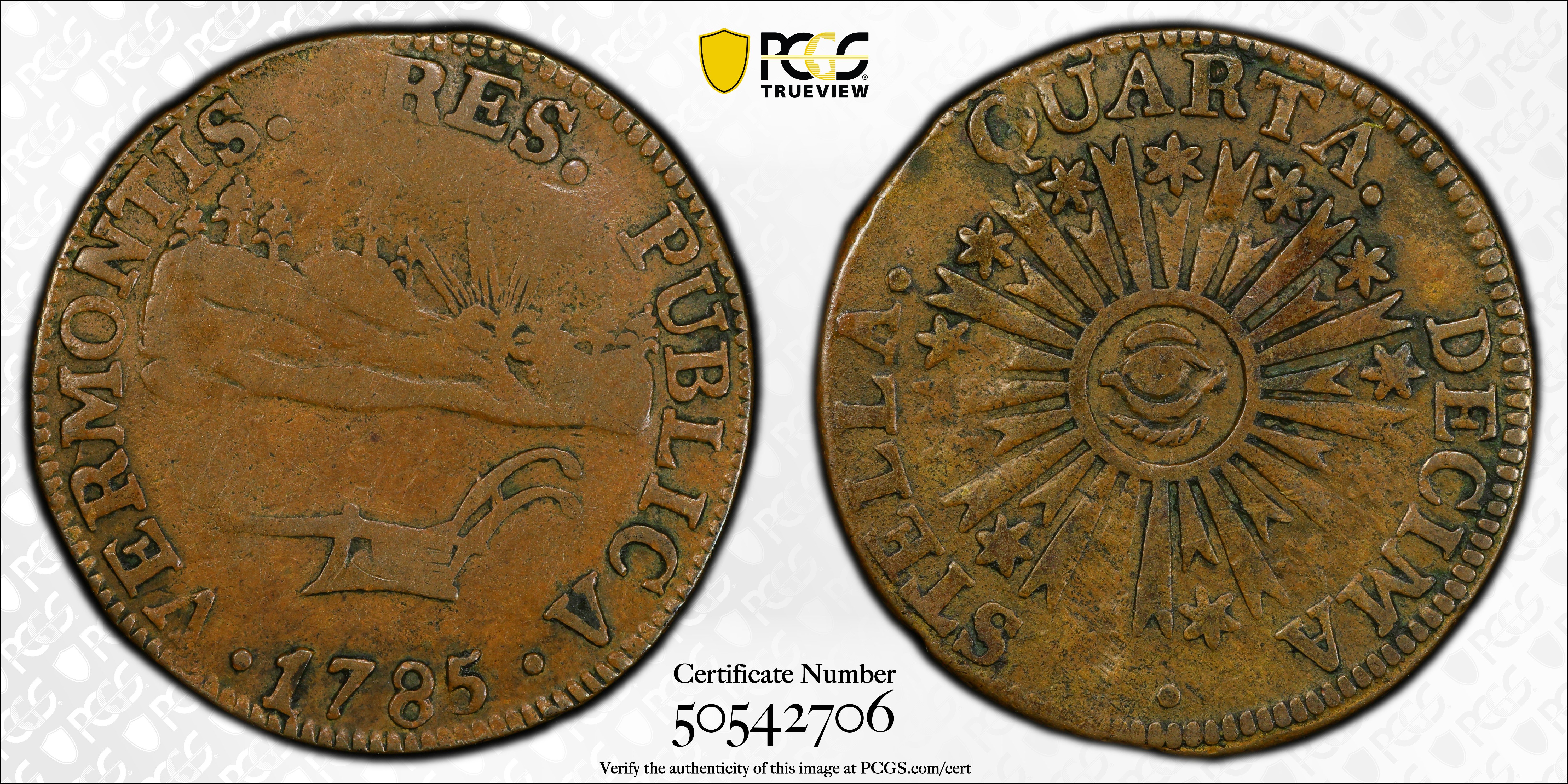 image for: 1785 Vermont Copper. Landscape. RR-4, Bressett 3-C, W-2015. Rarity-4. VERMONTIS. EF-40 (PCGS).