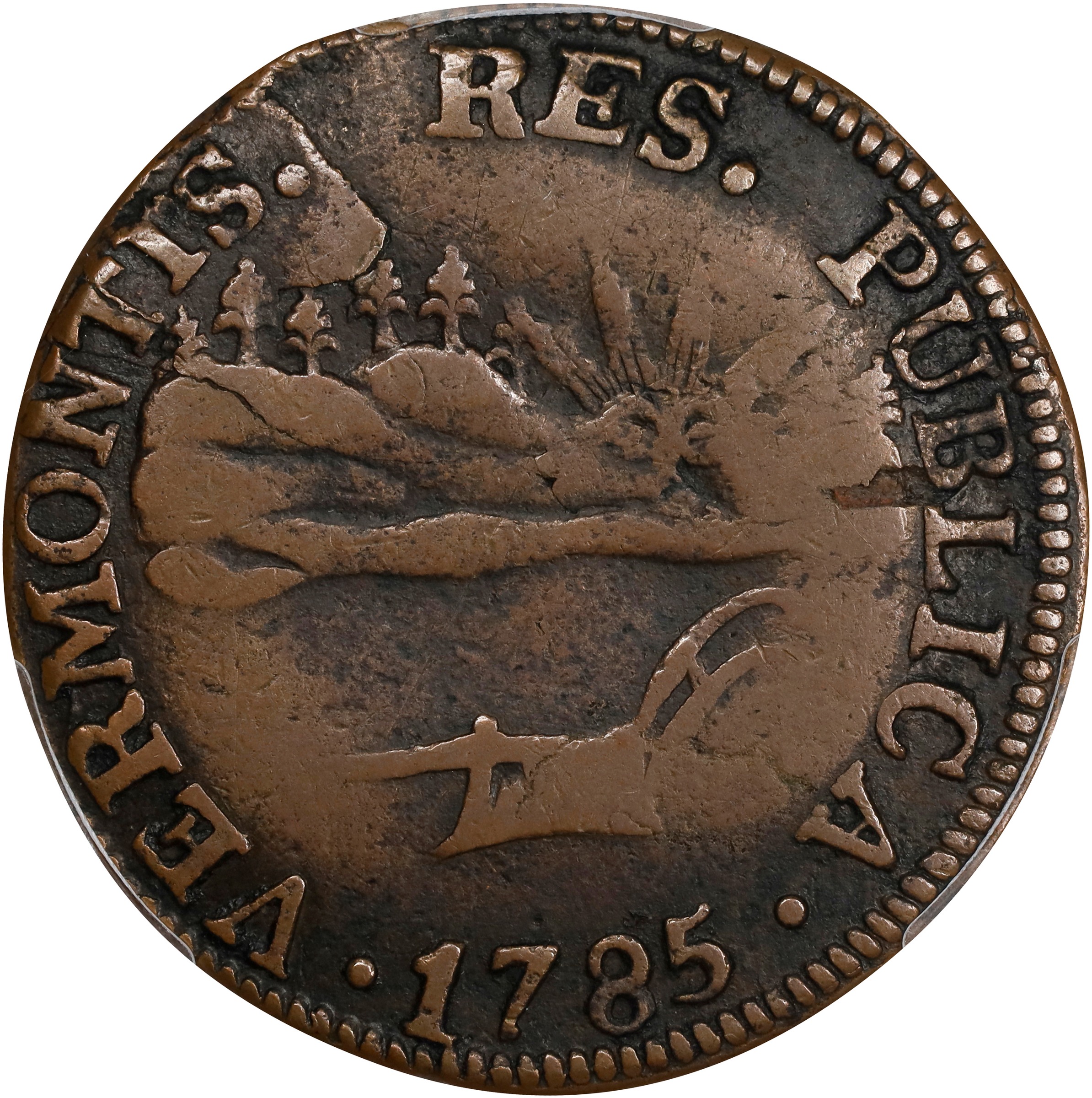 image for: 1785 Vermont Copper. Landscape. RR-4, Bressett 3-C, W-2015. Rarity-4. VERMONTIS. EF-40 (PCGS).