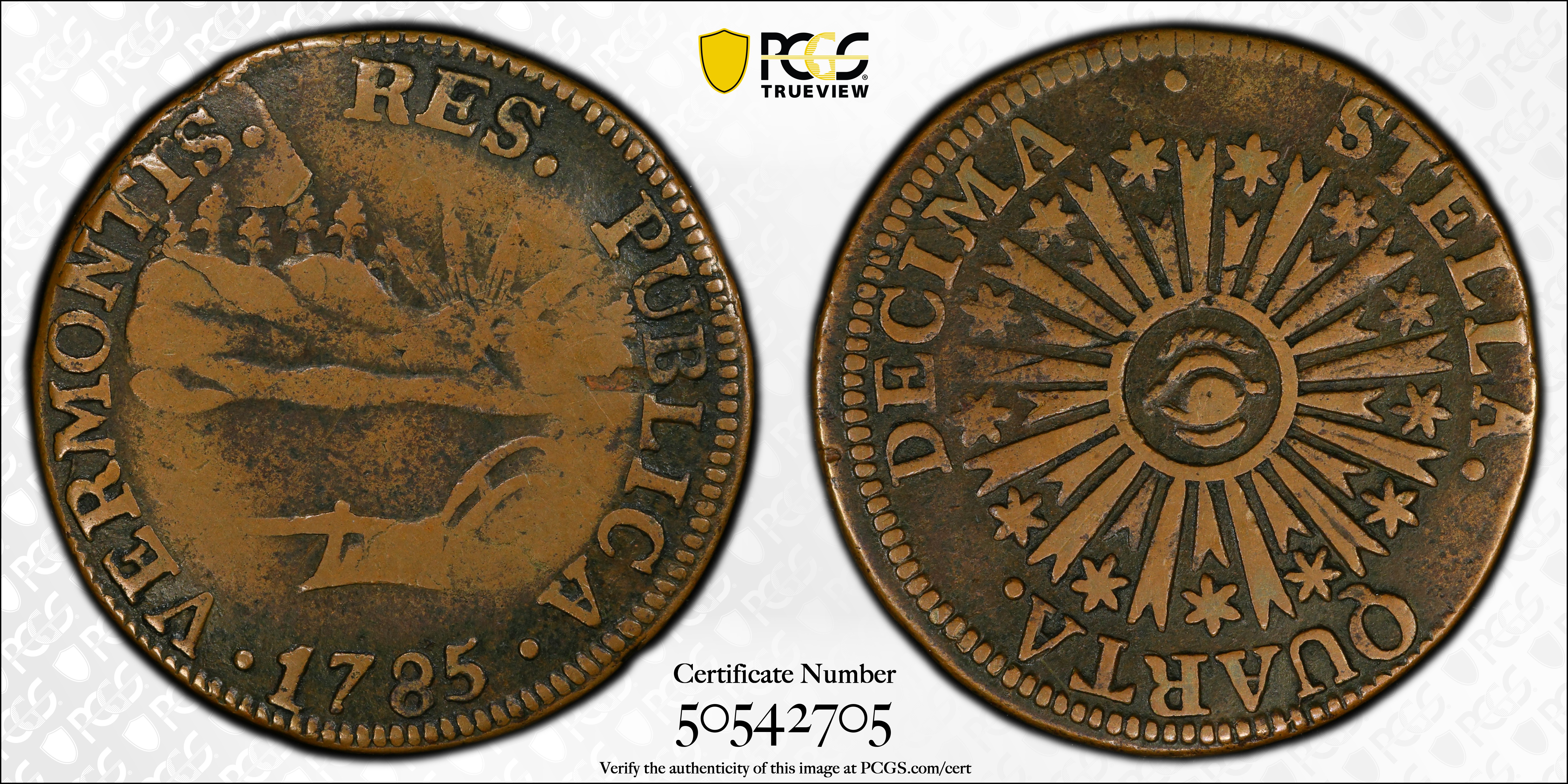 image for: 1785 Vermont Copper. Landscape. RR-4, Bressett 3-C, W-2015. Rarity-4. VERMONTIS. EF-40 (PCGS).
