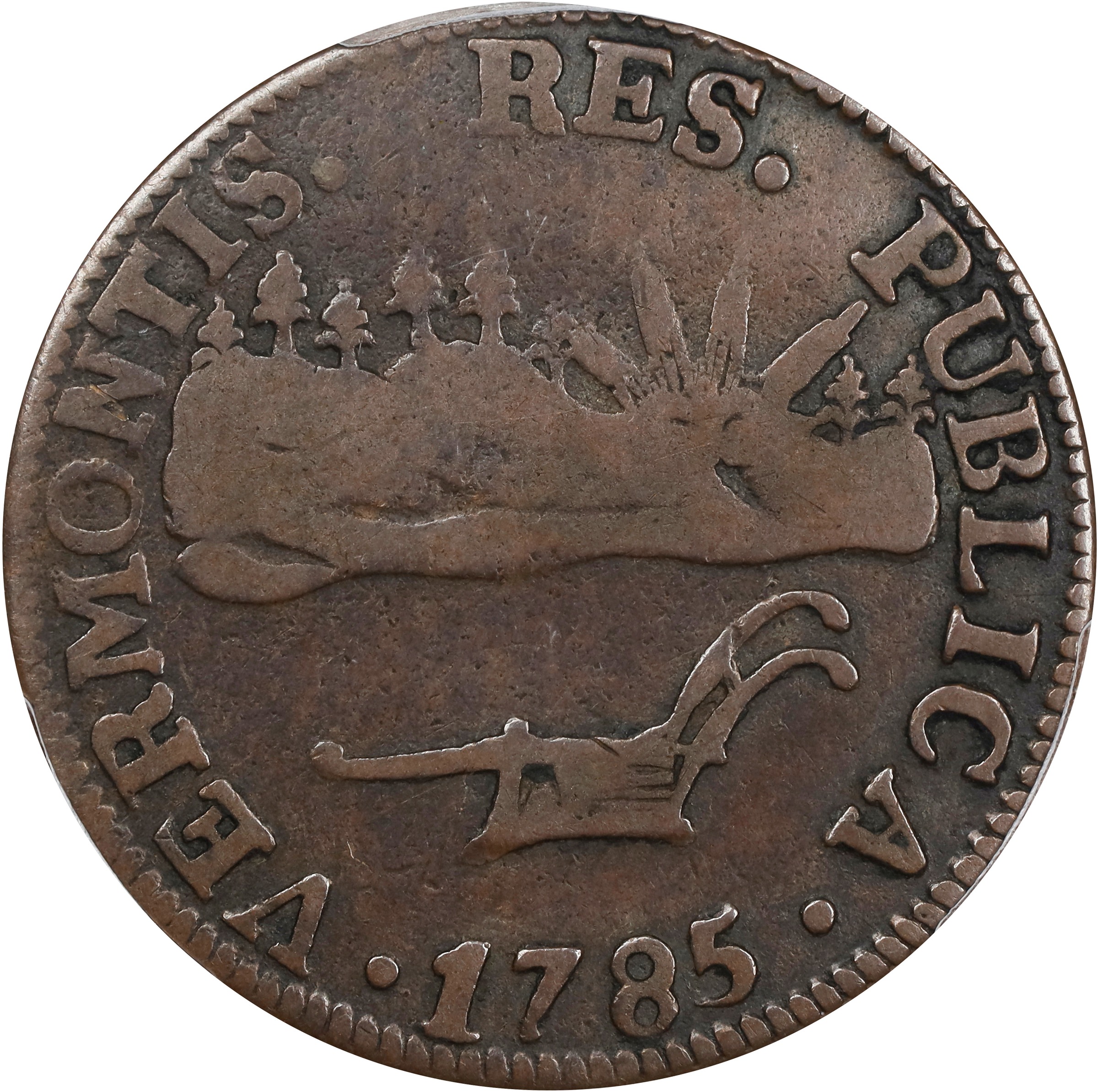 image for: 1785 Vermont Copper. Landscape. RR-4, Bressett 3-C, W-2015. Rarity-4. VERMONTIS. VF-30 (PCGS).