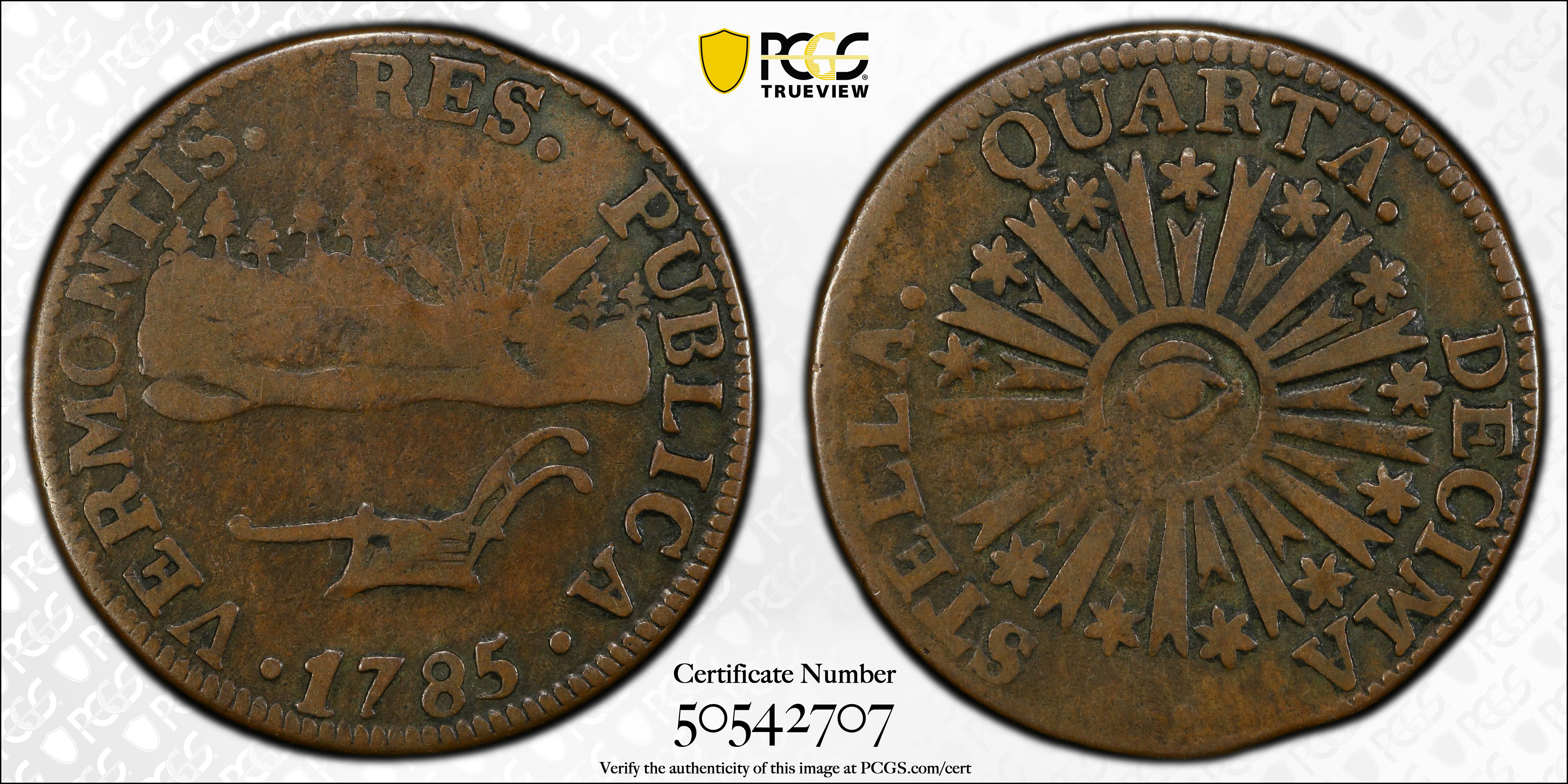 image for: 1785 Vermont Copper. Landscape. RR-4, Bressett 3-C, W-2015. Rarity-4. VERMONTIS. VF-30 (PCGS).