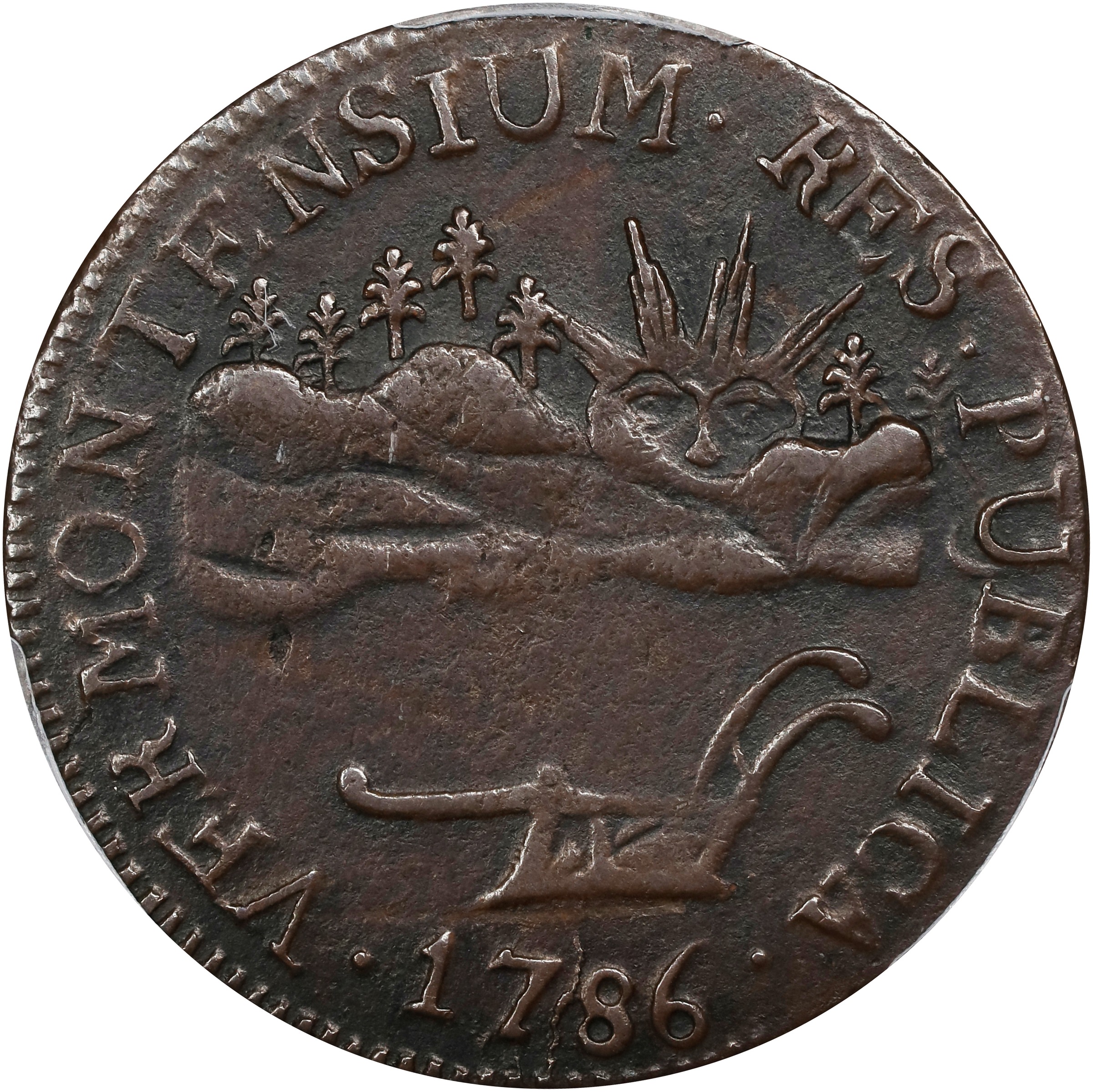 image for: 1786 Vermont Copper. Landscape. RR-6, Bressett 4-D, W-2020. Rarity-2. VERMONTENSIUM. EF-40 (PCGS).