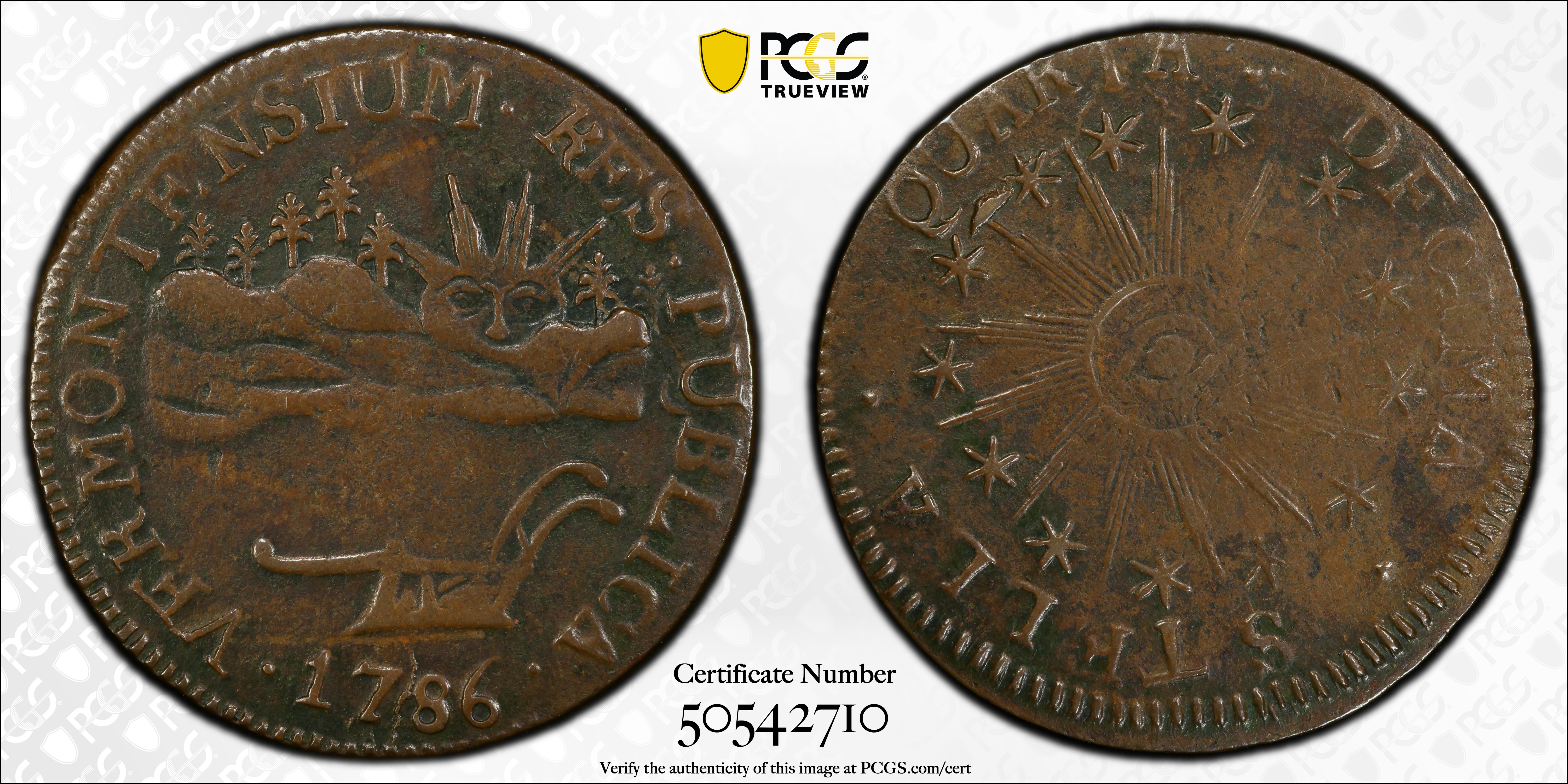image for: 1786 Vermont Copper. Landscape. RR-6, Bressett 4-D, W-2020. Rarity-2. VERMONTENSIUM. EF-40 (PCGS).