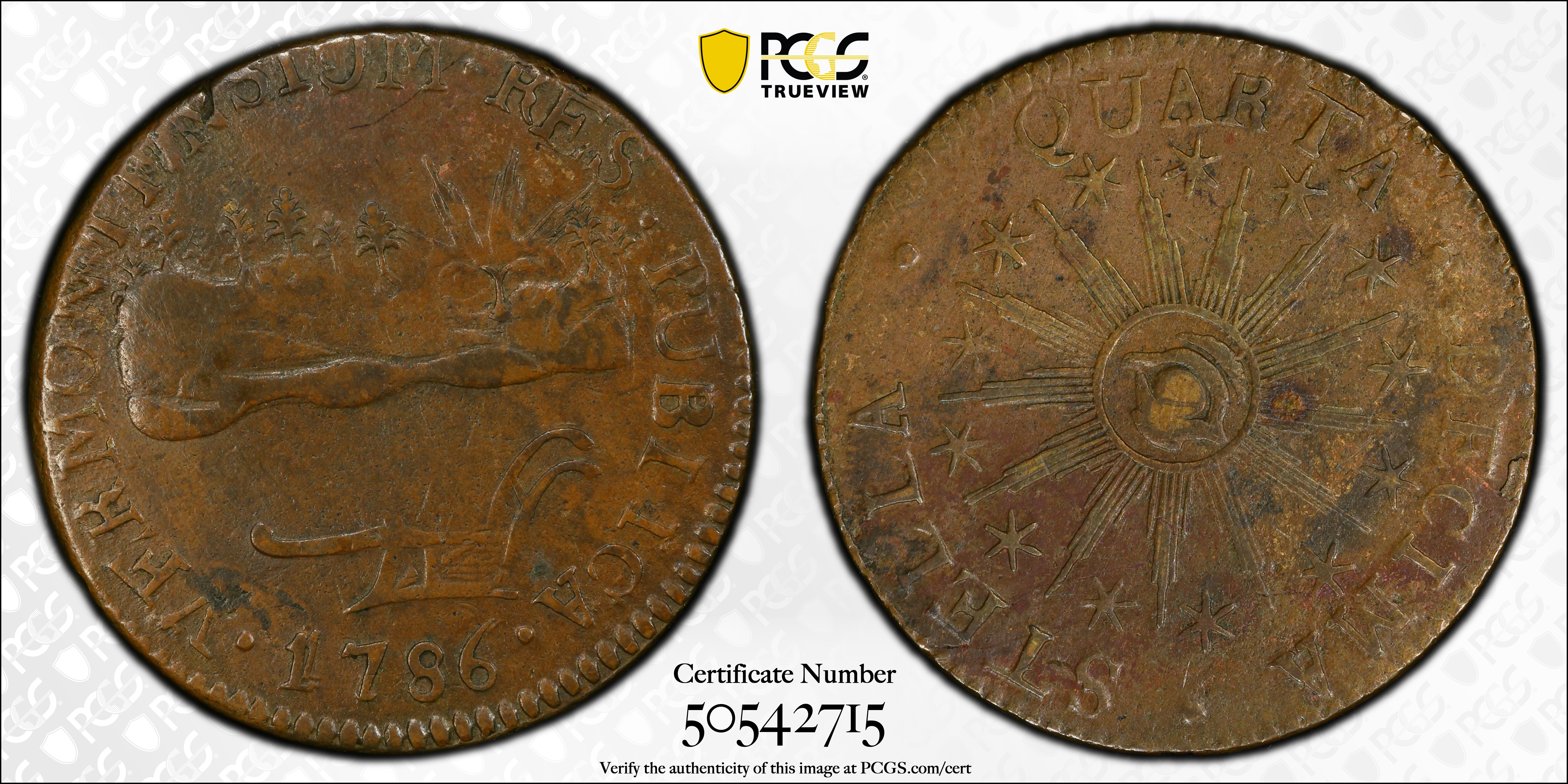 image for: 1786 Vermont Copper. Landscape. RR-8, Bressett 6-E, W-2030. Rarity-3. VERMONTENSIUM. EF-45 (PCGS).