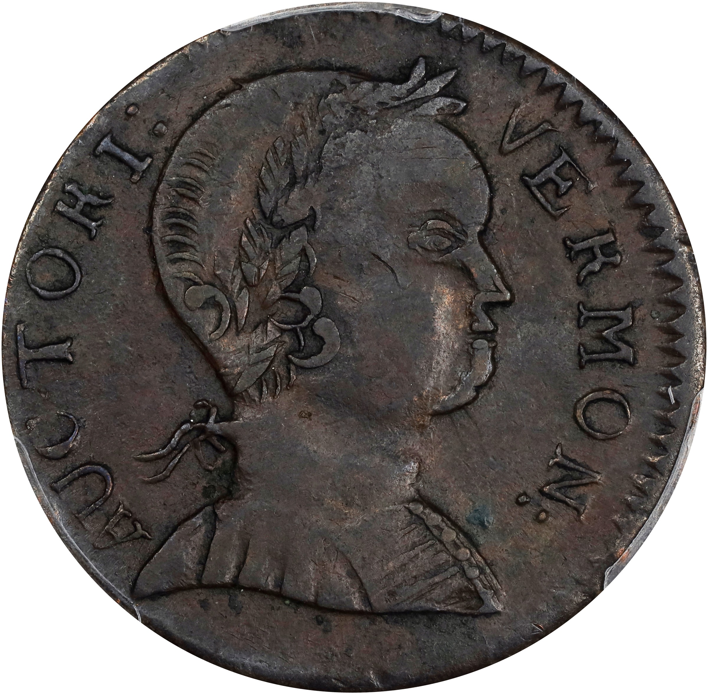 image for: 1786 Vermont Copper. RR-9, Bressett 7-F, W-2040. Rarity-3. Baby Head. AU-53 (PCGS).