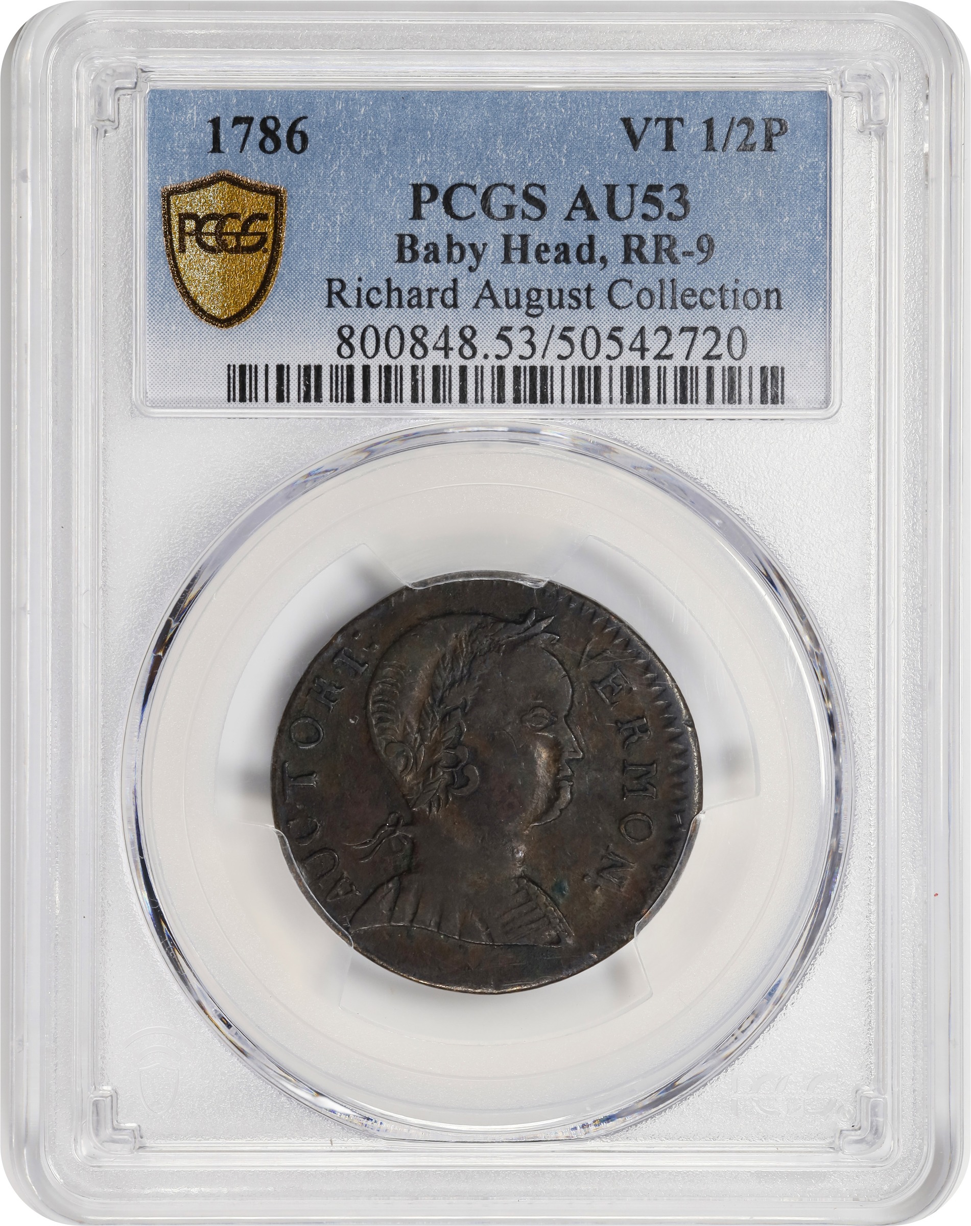 image for: 1786 Vermont Copper. RR-9, Bressett 7-F, W-2040. Rarity-3. Baby Head. AU-53 (PCGS).