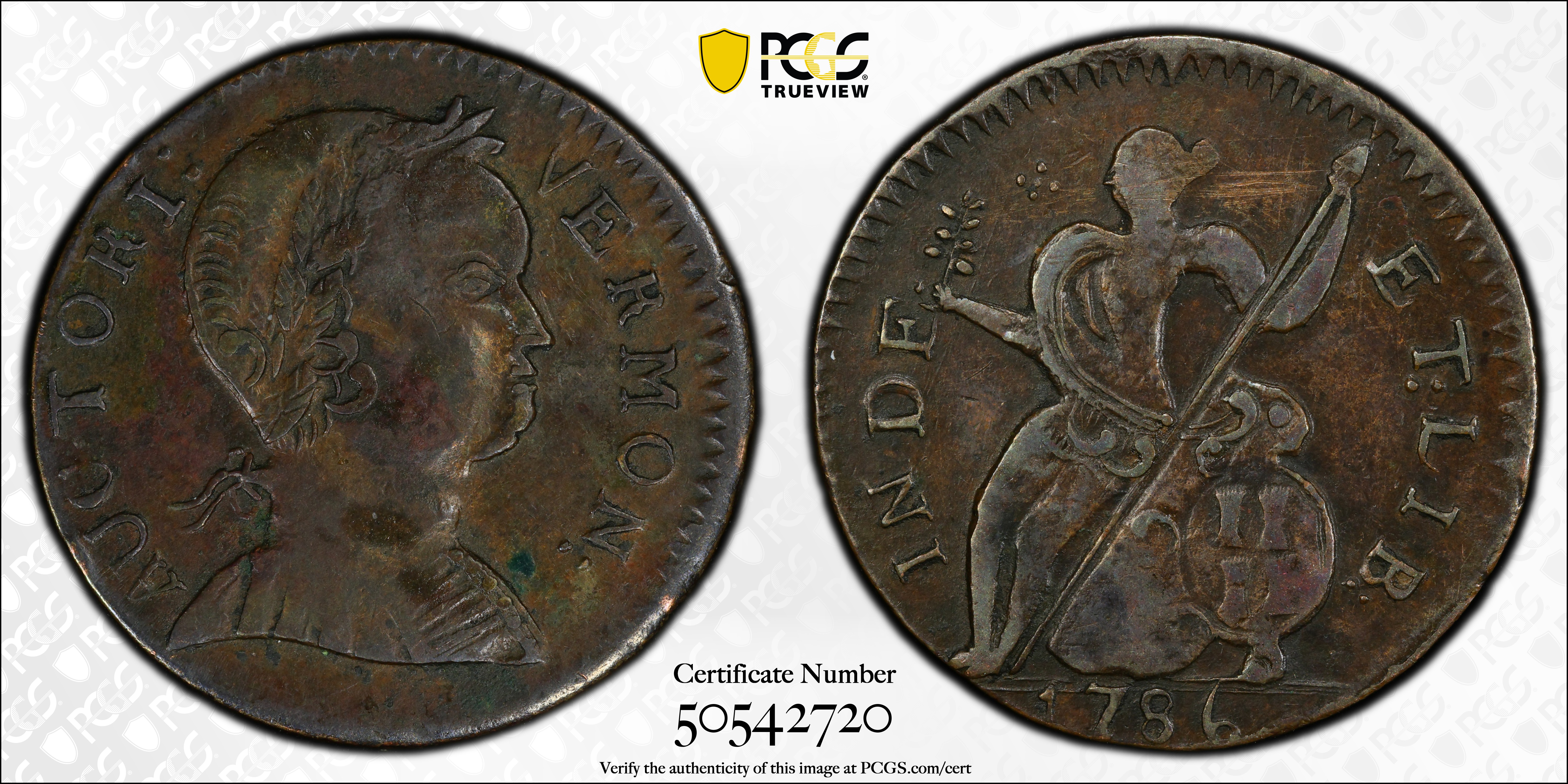 image for: 1786 Vermont Copper. RR-9, Bressett 7-F, W-2040. Rarity-3. Baby Head. AU-53 (PCGS).