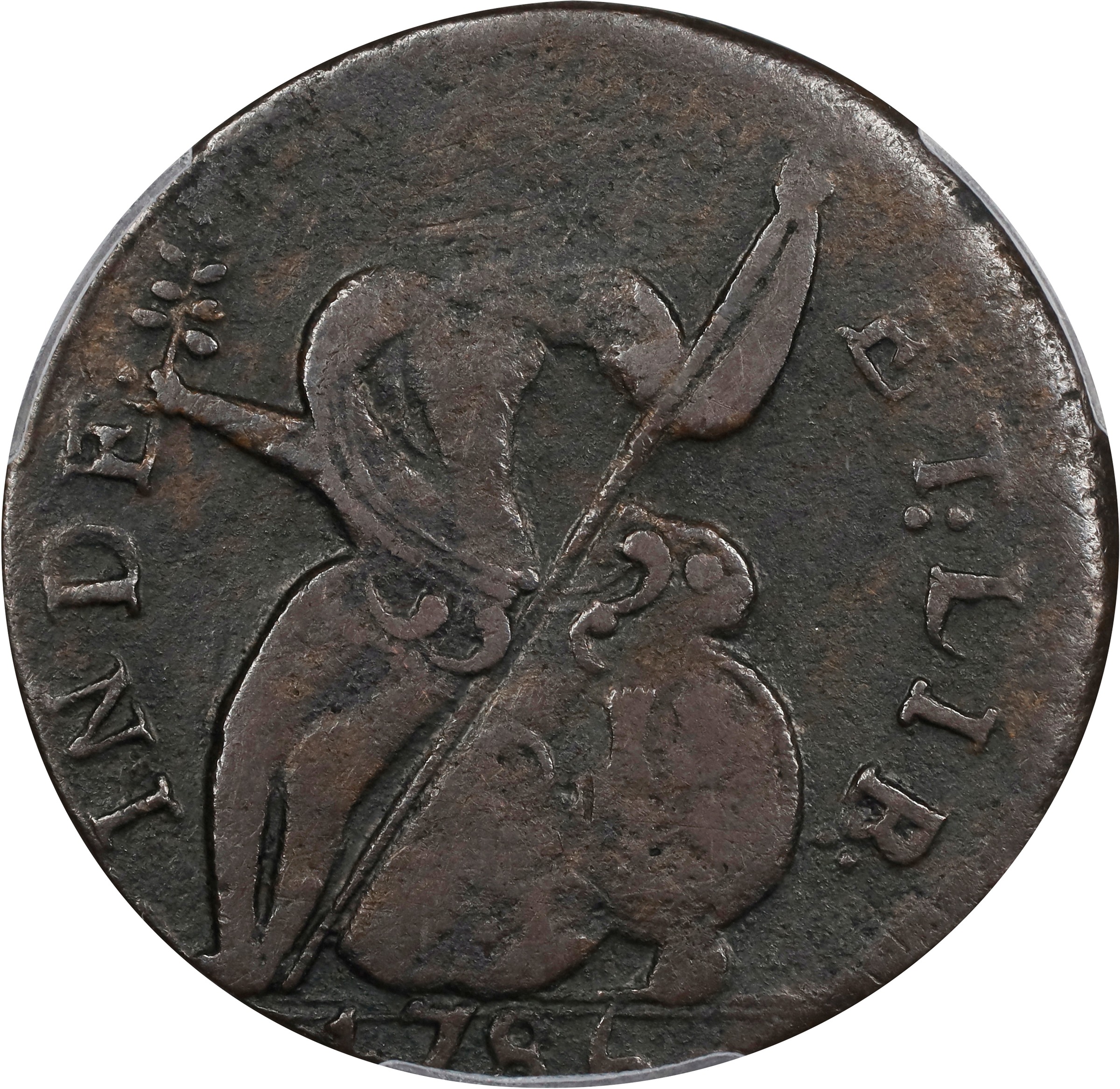 image for: 1786 Vermont Copper. RR-9, Bressett 7-F, W-2040. Rarity-3. Baby Head. VF-35 (PCGS).