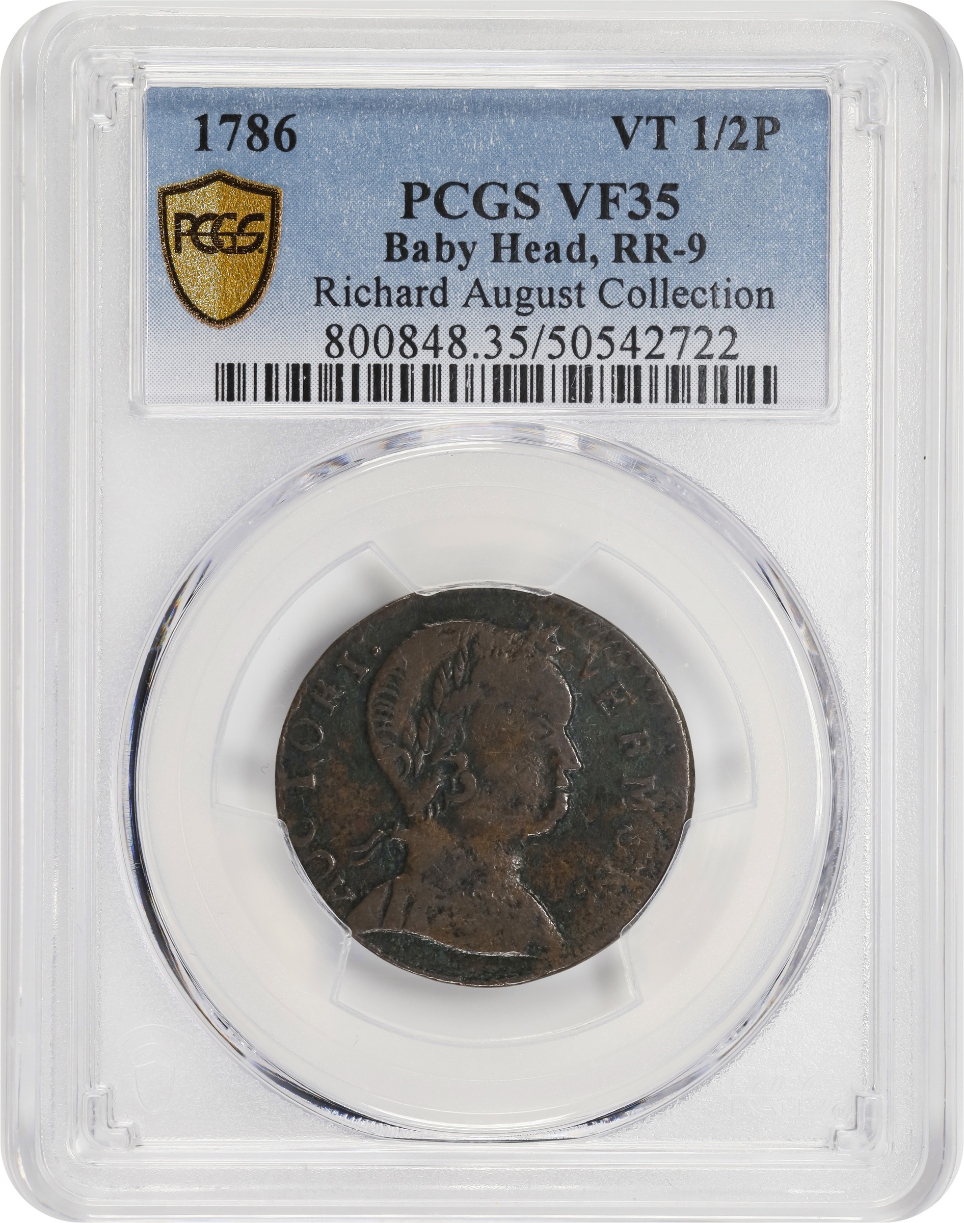 image for: 1786 Vermont Copper. RR-9, Bressett 7-F, W-2040. Rarity-3. Baby Head. VF-35 (PCGS).