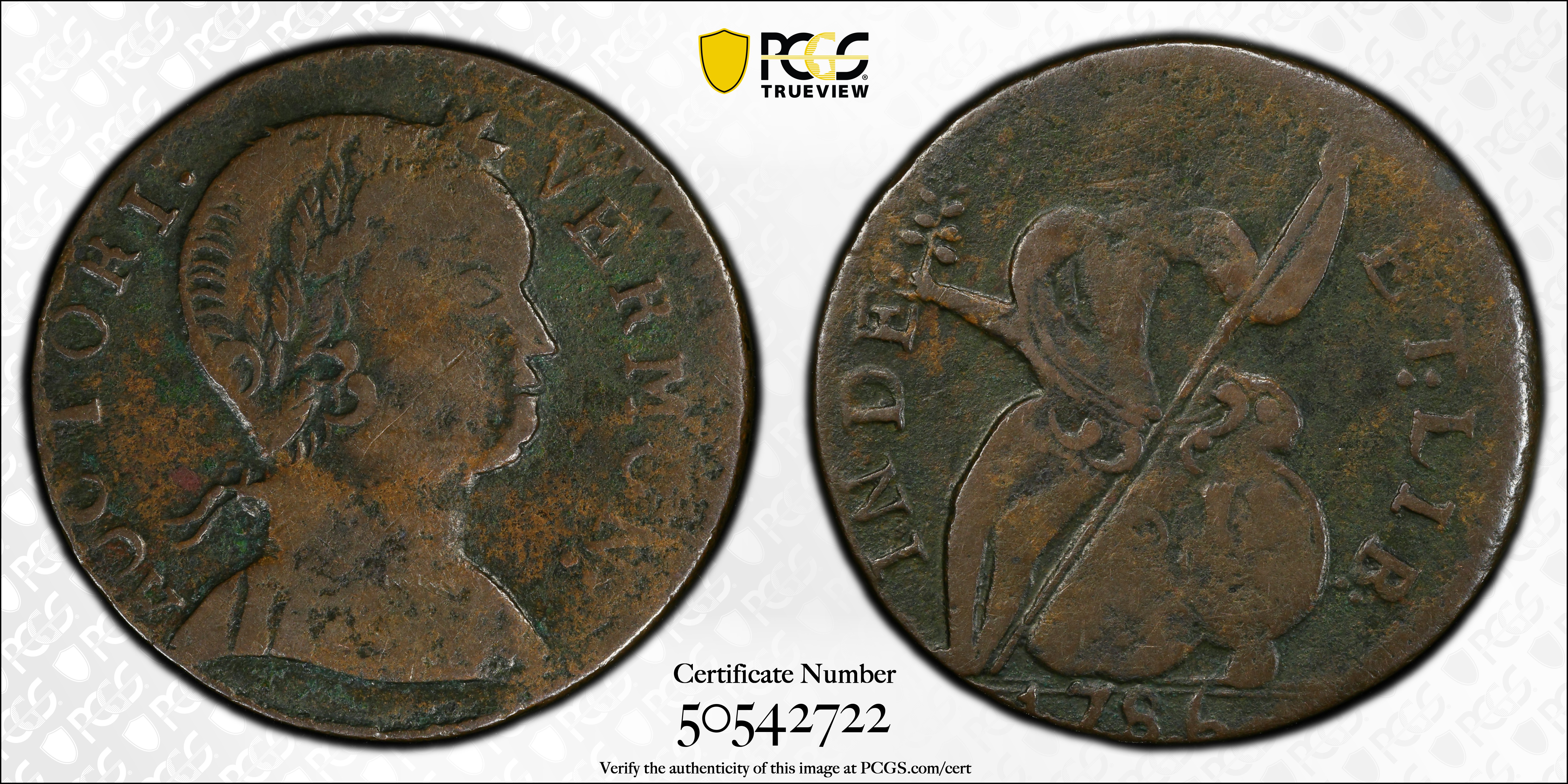 image for: 1786 Vermont Copper. RR-9, Bressett 7-F, W-2040. Rarity-3. Baby Head. VF-35 (PCGS).