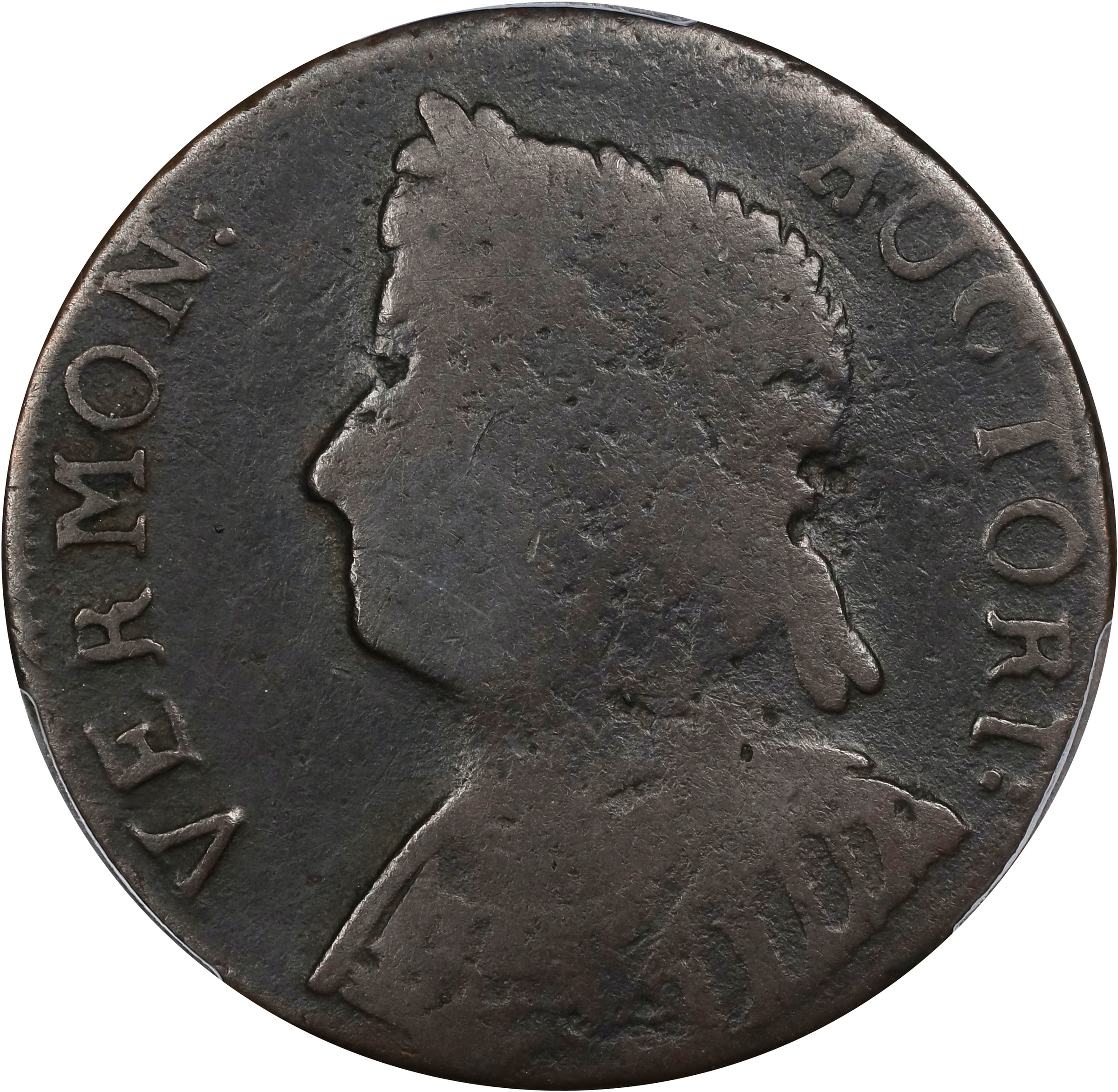 image for: 1786 Vermont Copper. RR-10, Bressett 8-G, W-2045. Rarity-4. Bust Left. Fine-12 (PCGS).