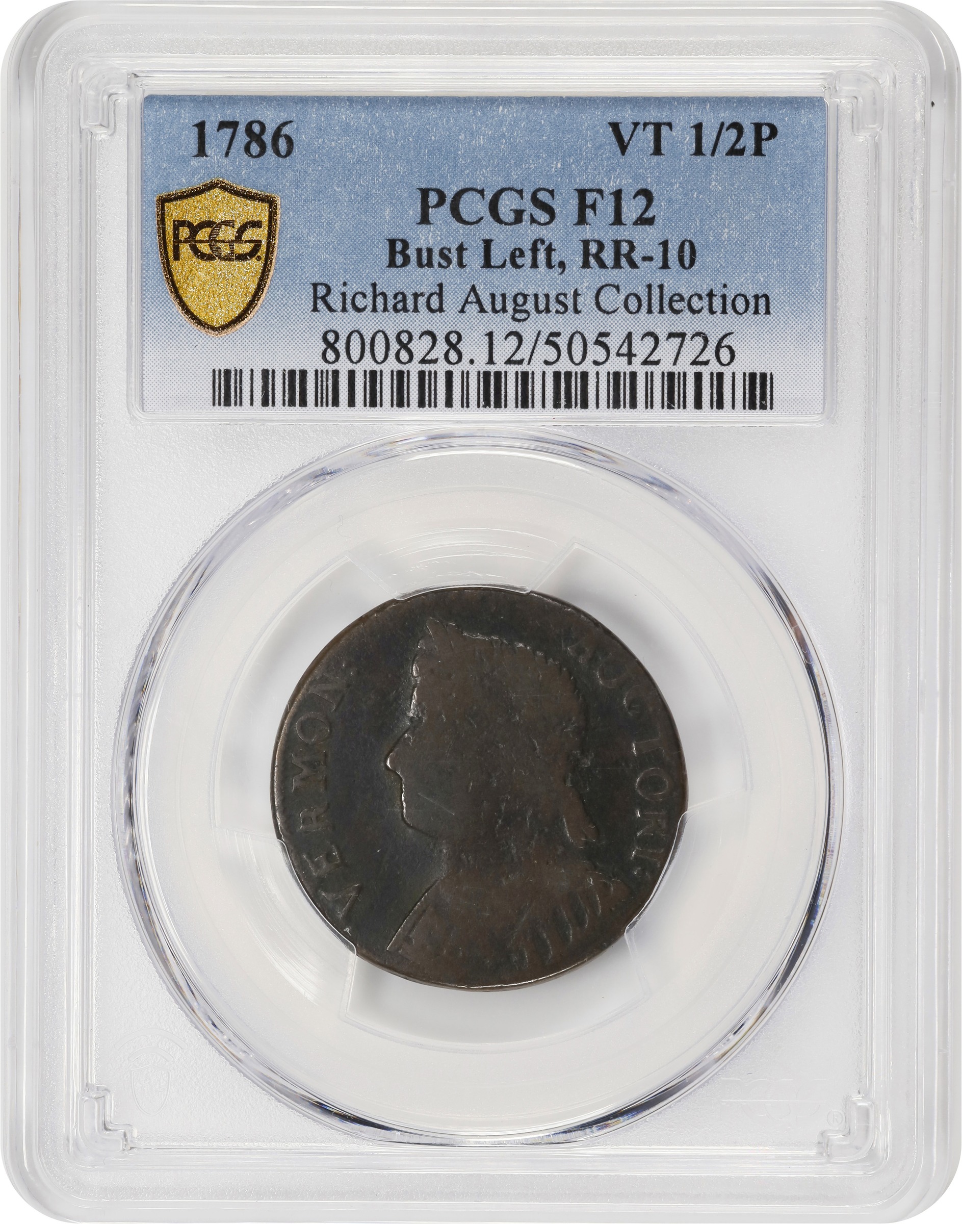 image for: 1786 Vermont Copper. RR-10, Bressett 8-G, W-2045. Rarity-4. Bust Left. Fine-12 (PCGS).