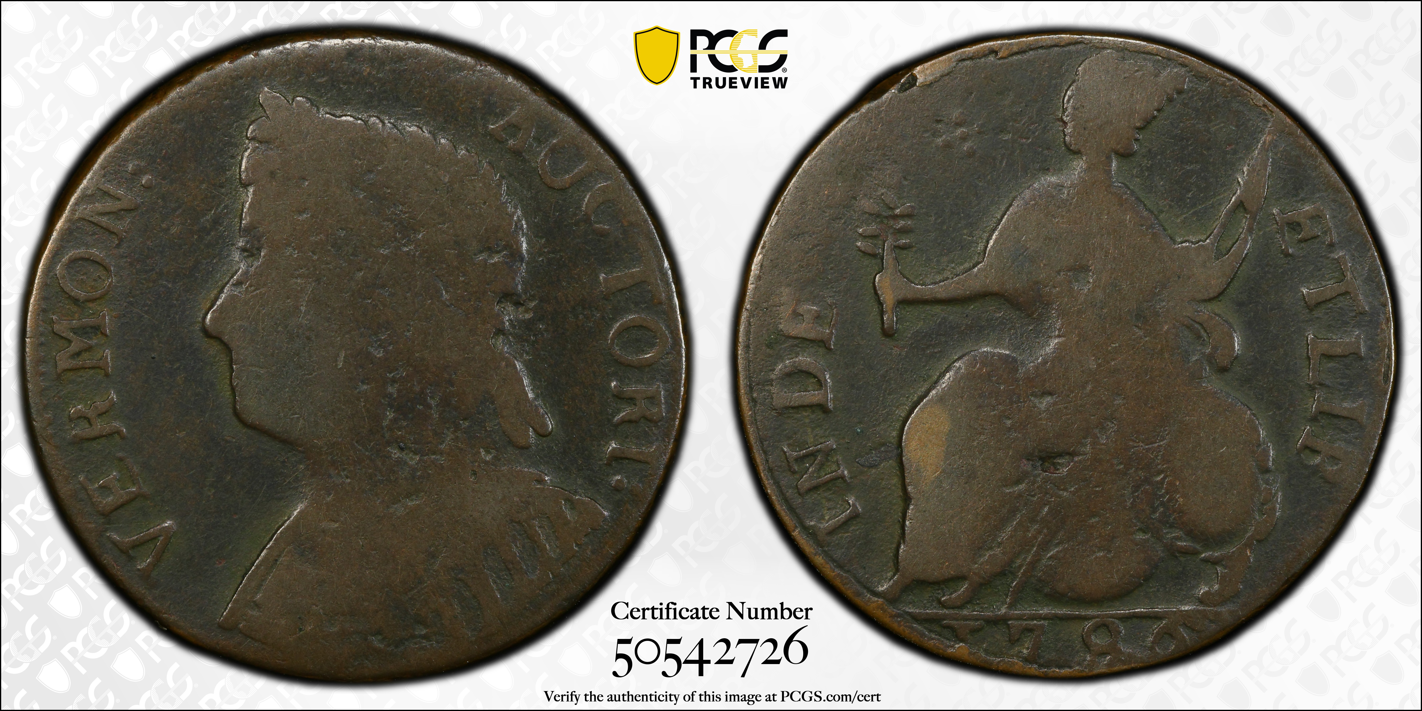 image for: 1786 Vermont Copper. RR-10, Bressett 8-G, W-2045. Rarity-4. Bust Left. Fine-12 (PCGS).