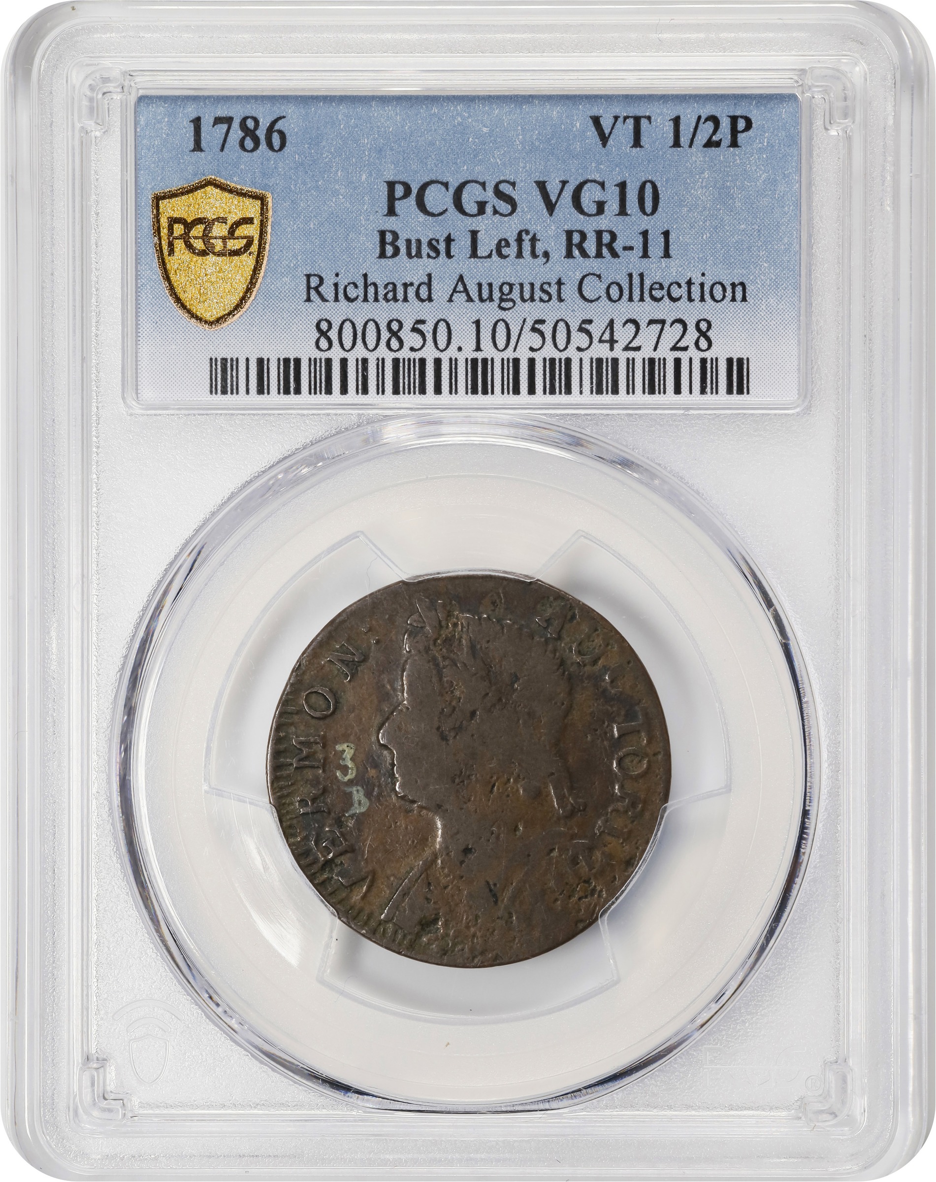 image for: 1786 Vermont Copper. RR-11, Bressett 9-H, W-2050. Rarity-4. Bust Left. VG-10 (PCGS).