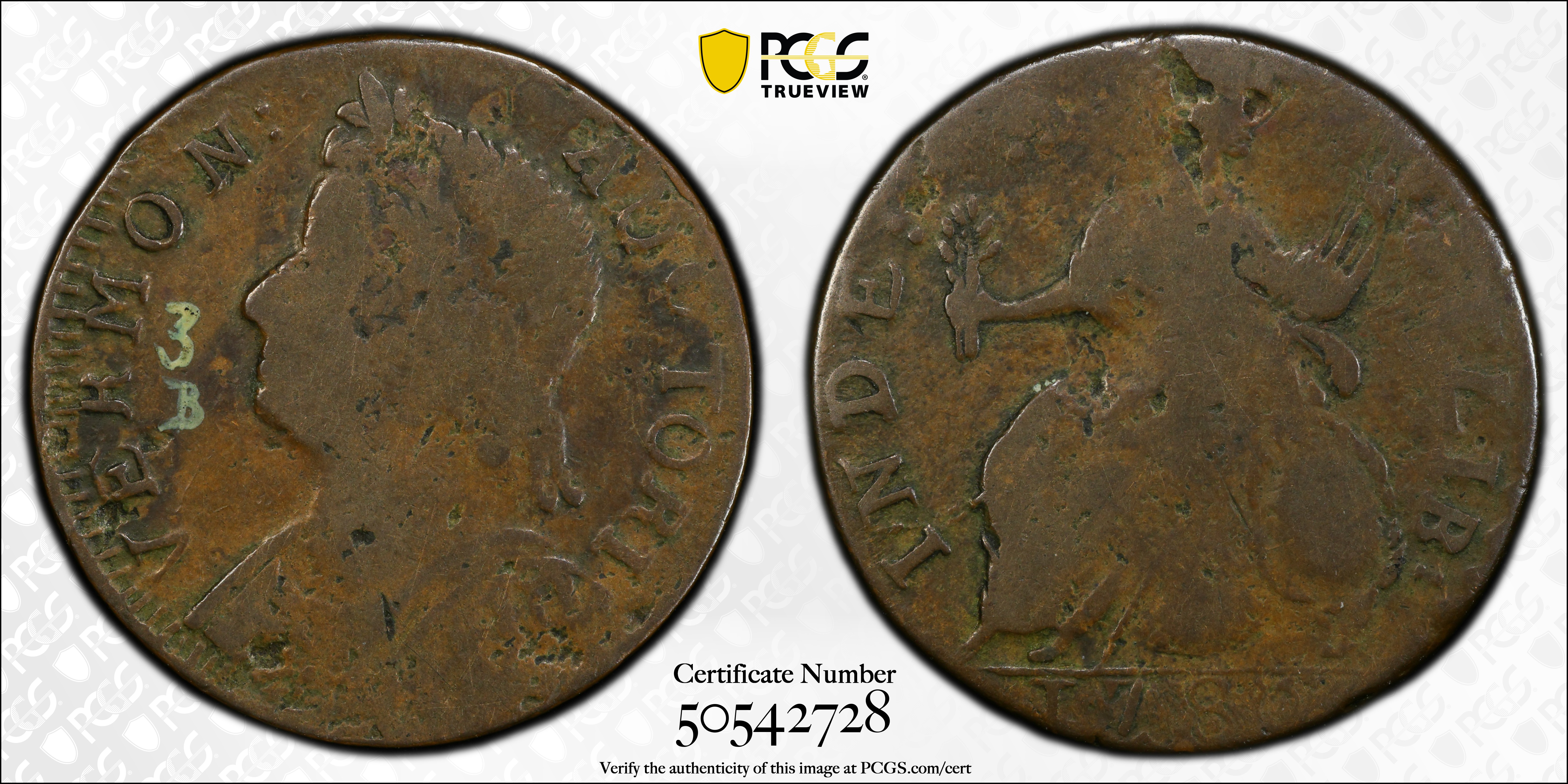 image for: 1786 Vermont Copper. RR-11, Bressett 9-H, W-2050. Rarity-4. Bust Left. VG-10 (PCGS).