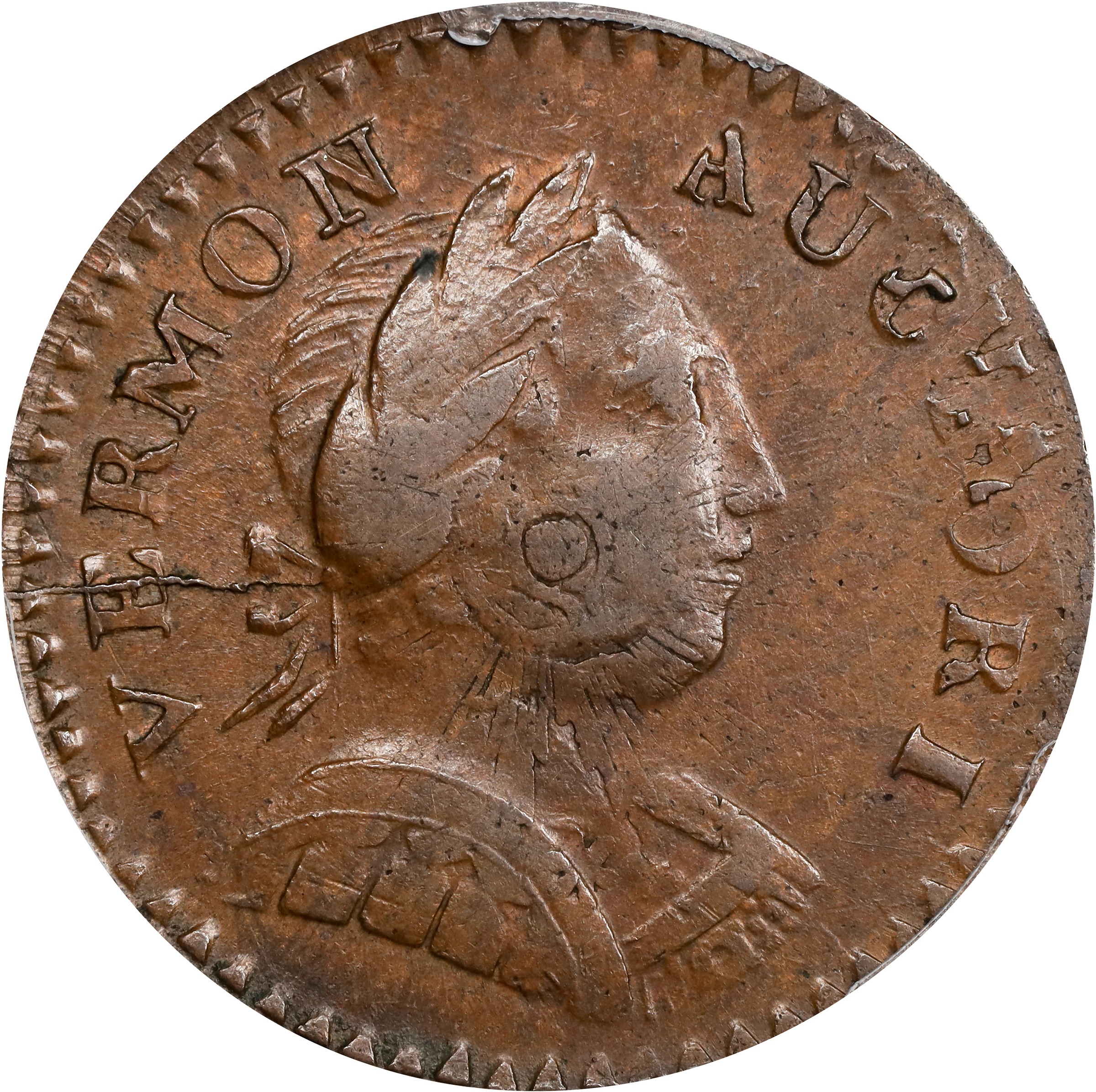 image for: 1787 Vermont Copper. RR-12, Bressett 11-K, W-2110. Rarity-3. Bust Right. Overstruck on a Nova Constellatio Copper. MS-62 BN (PCGS).