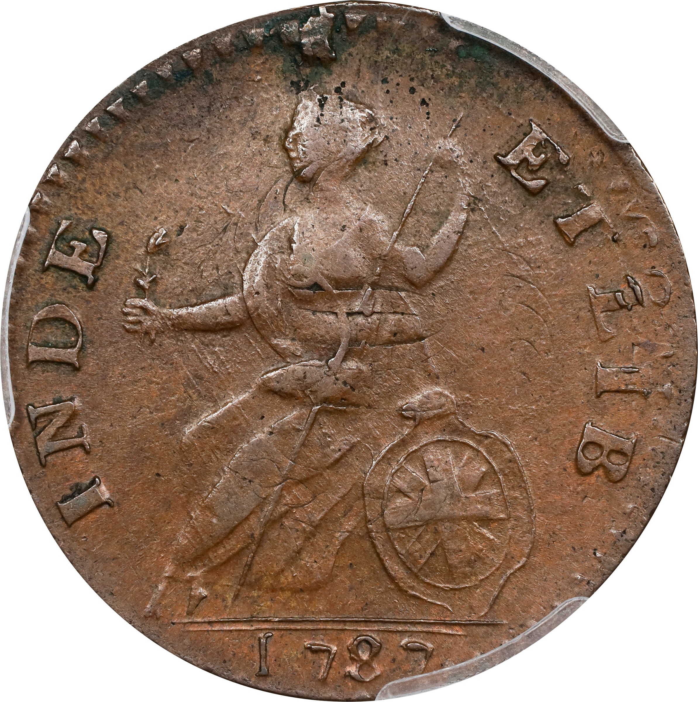 image for: 1787 Vermont Copper. RR-12, Bressett 11-K, W-2110. Rarity-3. Bust Right. Overstruck on a Nova Constellatio Copper. MS-62 BN (PCGS).