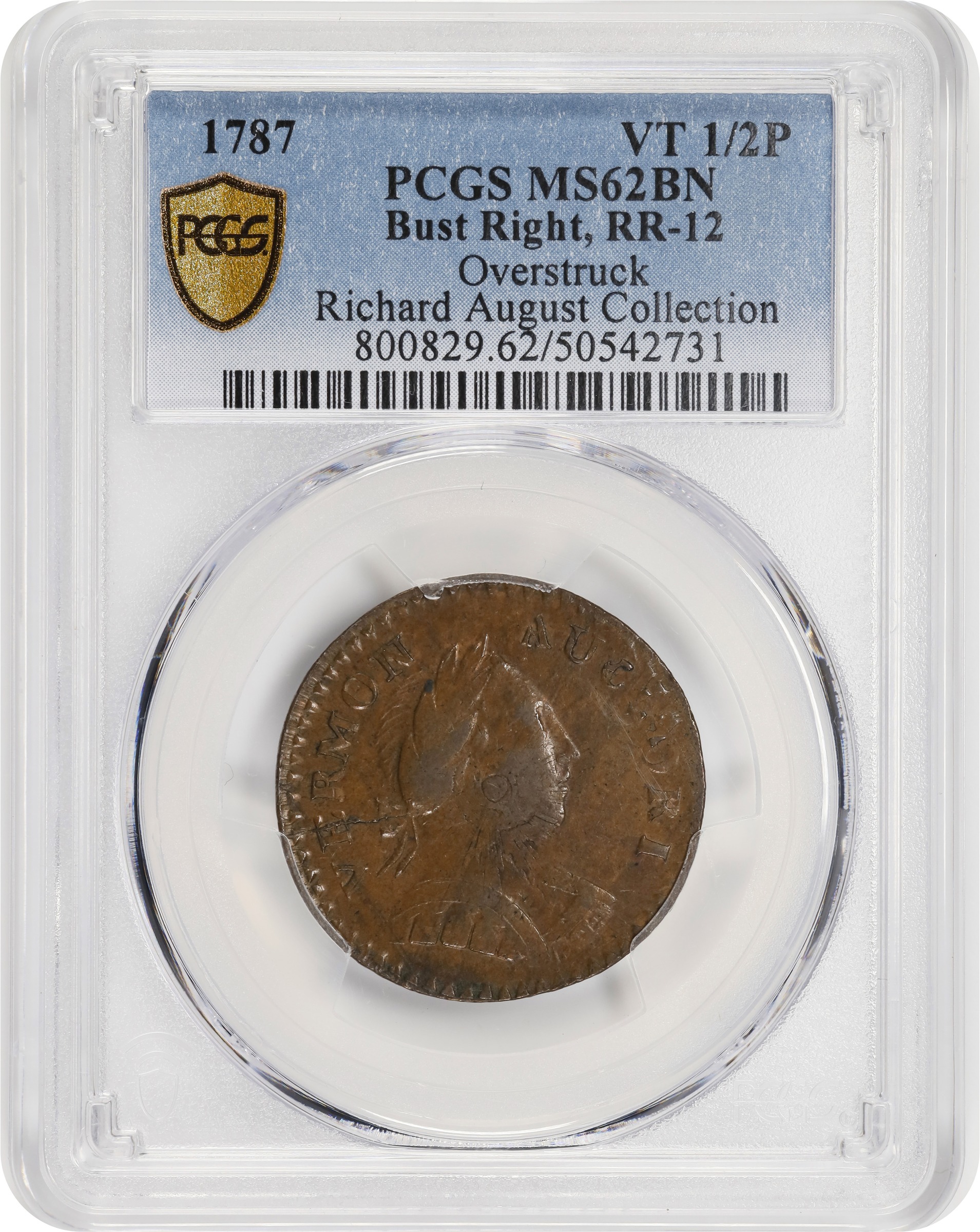 image for: 1787 Vermont Copper. RR-12, Bressett 11-K, W-2110. Rarity-3. Bust Right. Overstruck on a Nova Constellatio Copper. MS-62 BN (PCGS).