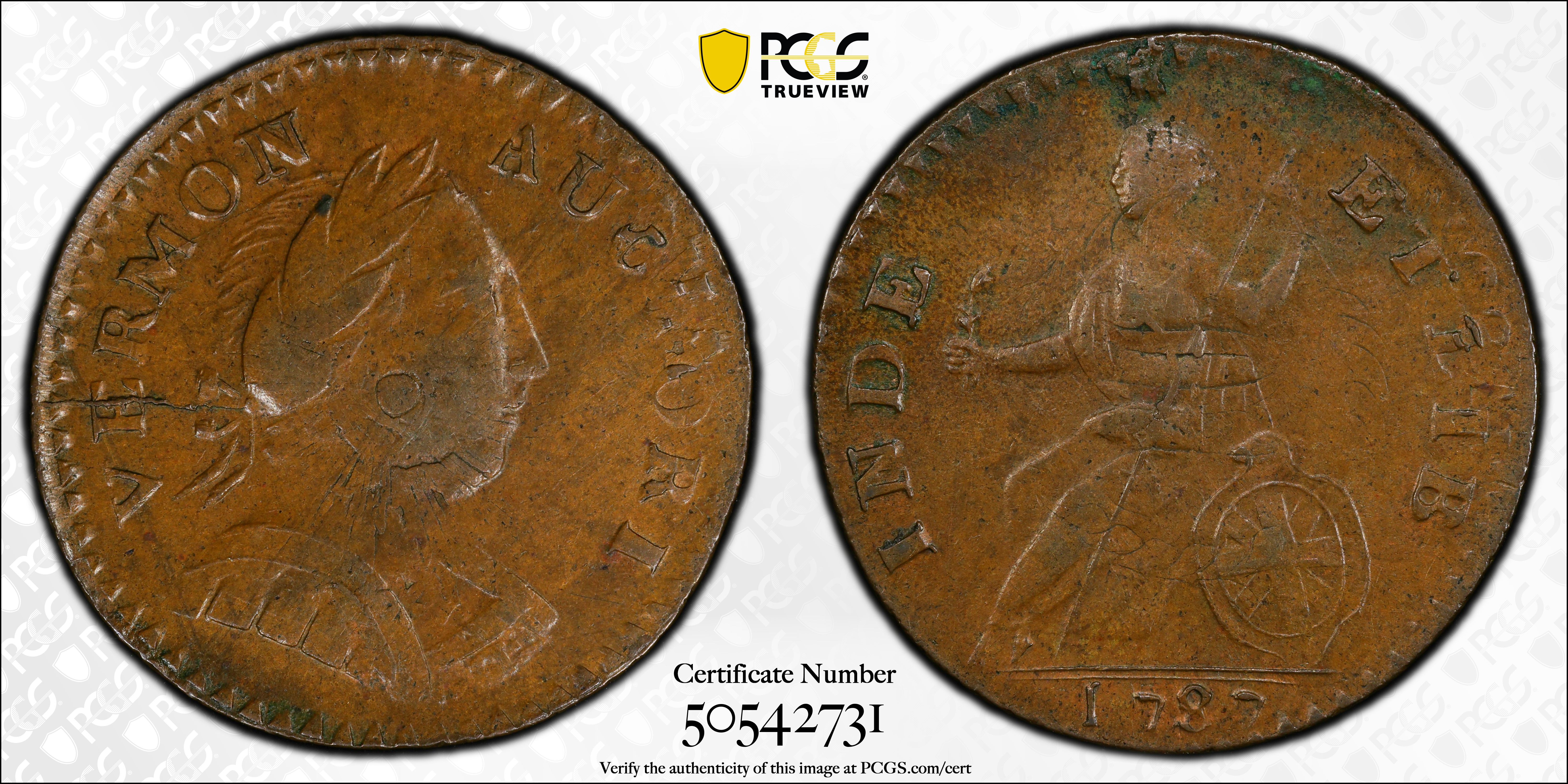 image for: 1787 Vermont Copper. RR-12, Bressett 11-K, W-2110. Rarity-3. Bust Right. Overstruck on a Nova Constellatio Copper. MS-62 BN (PCGS).
