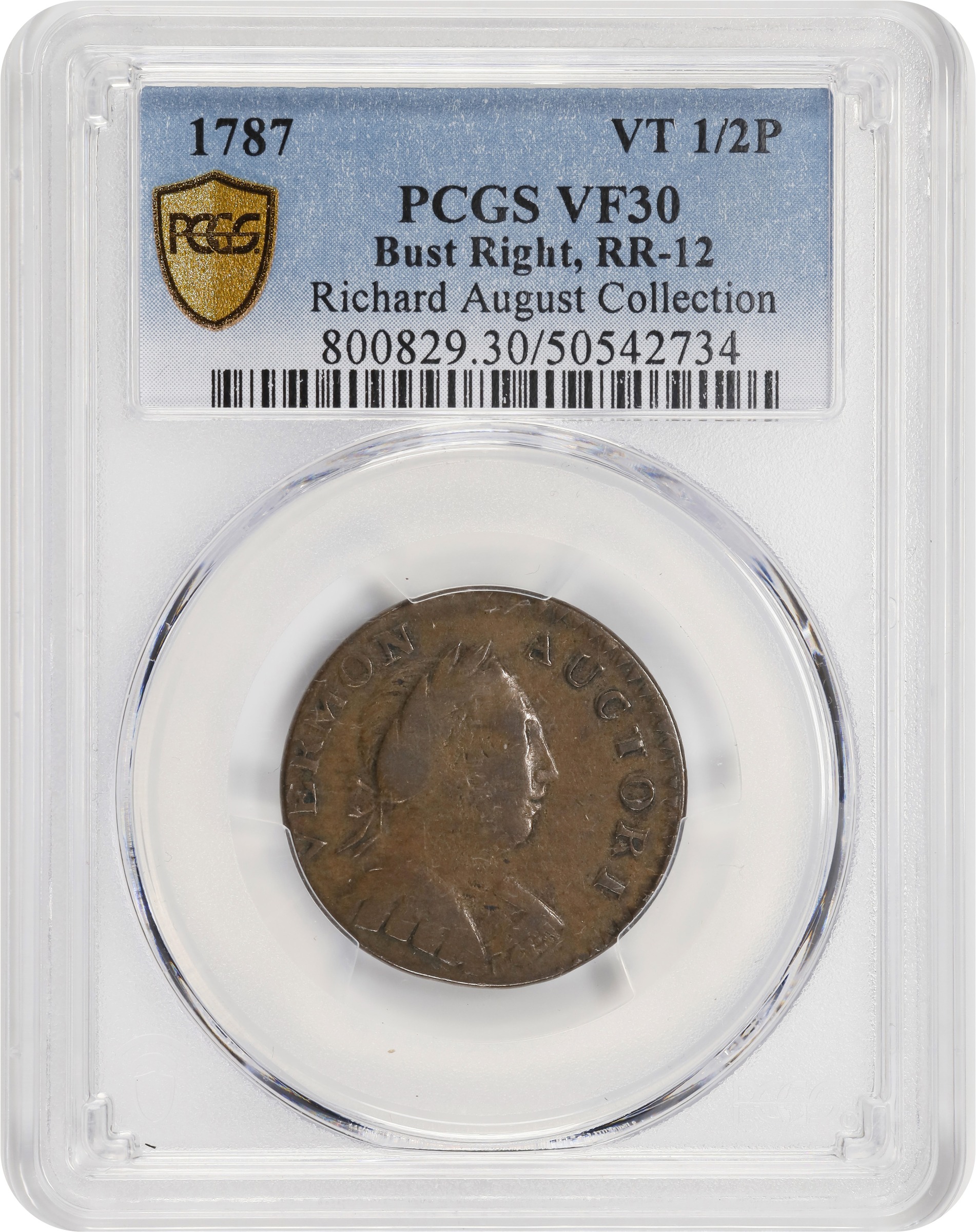 image for: 1787 Vermont Copper. RR-12, Bressett 11-K, W-2110. Rarity-3. Bust Right. VF-30 (PCGS).