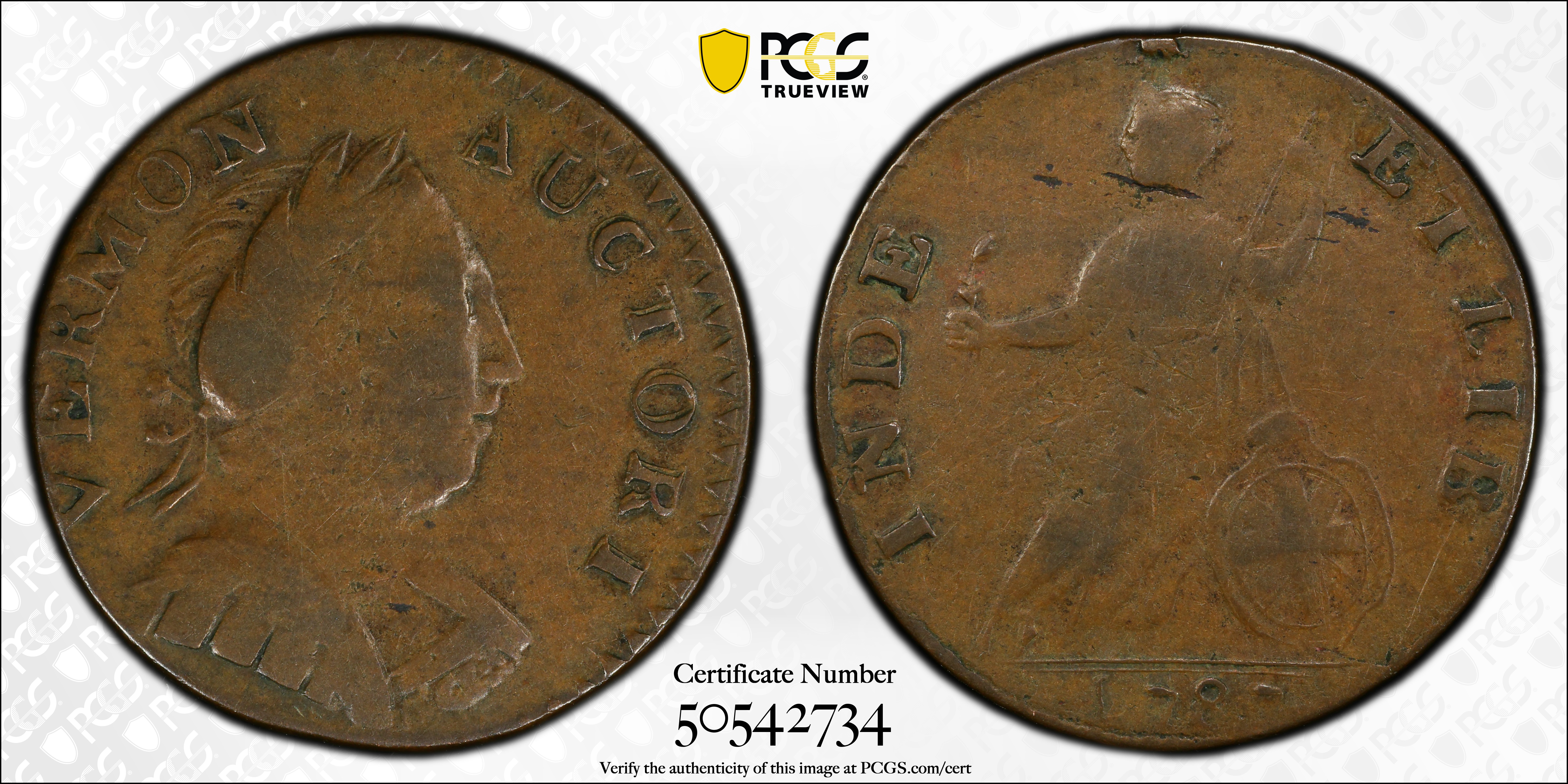 image for: 1787 Vermont Copper. RR-12, Bressett 11-K, W-2110. Rarity-3. Bust Right. VF-30 (PCGS).