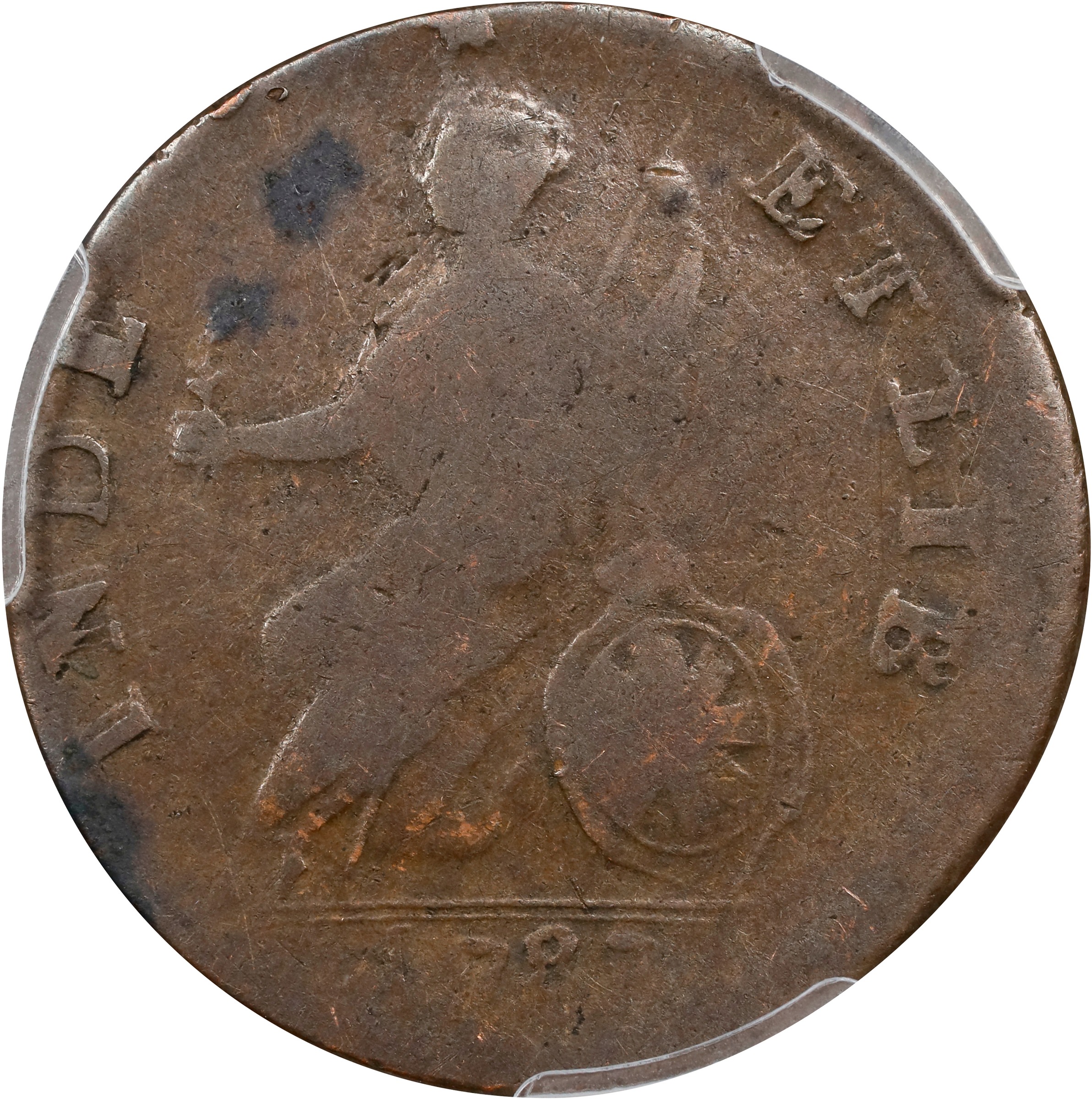 image for: 1787 Vermont Copper. RR-12, Bressett 11-K, W-2110. Rarity-3. Bust Right. Overstruck on a Nova Constellatio Copper. Fine-15 (PCGS).