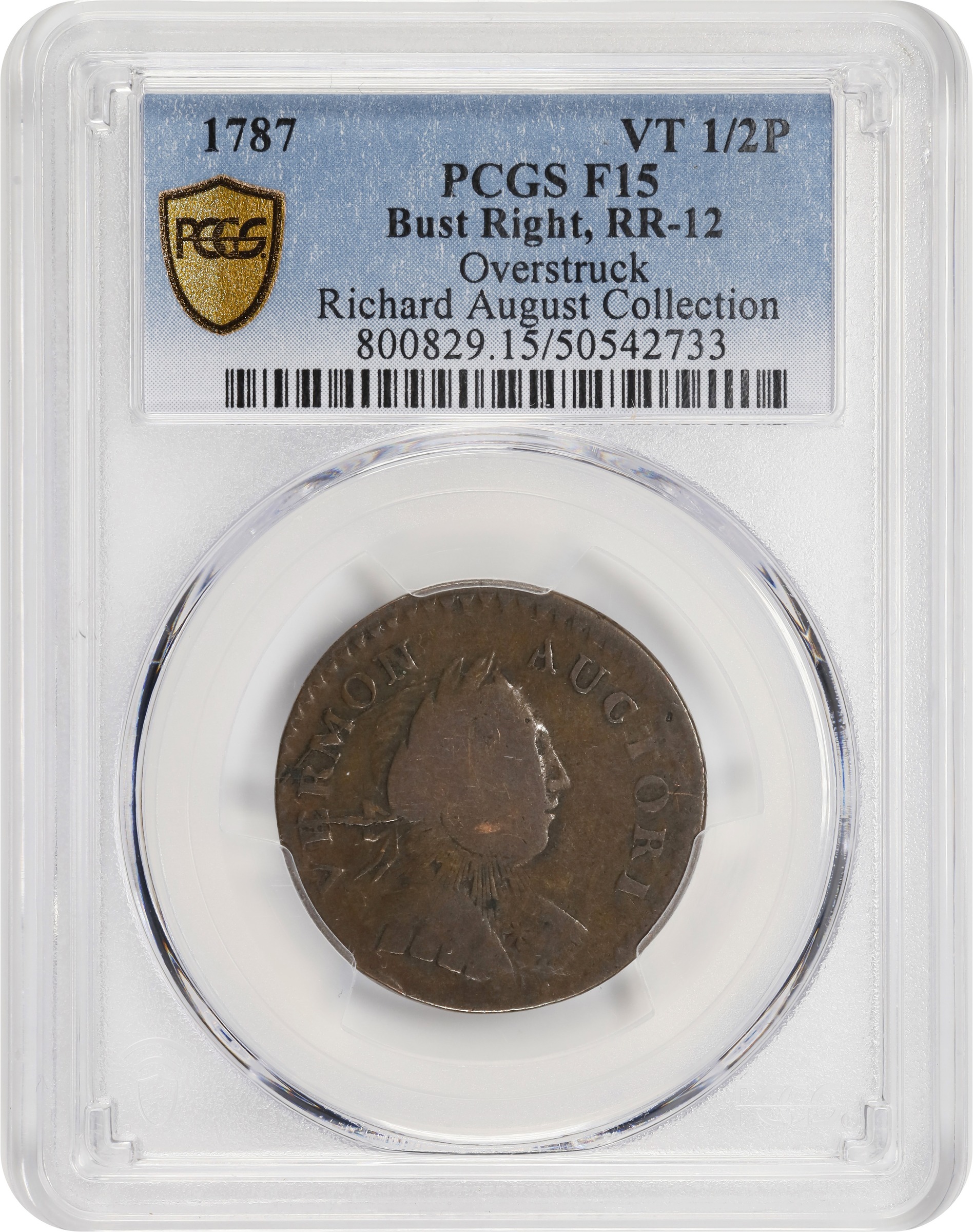 image for: 1787 Vermont Copper. RR-12, Bressett 11-K, W-2110. Rarity-3. Bust Right. Overstruck on a Nova Constellatio Copper. Fine-15 (PCGS).