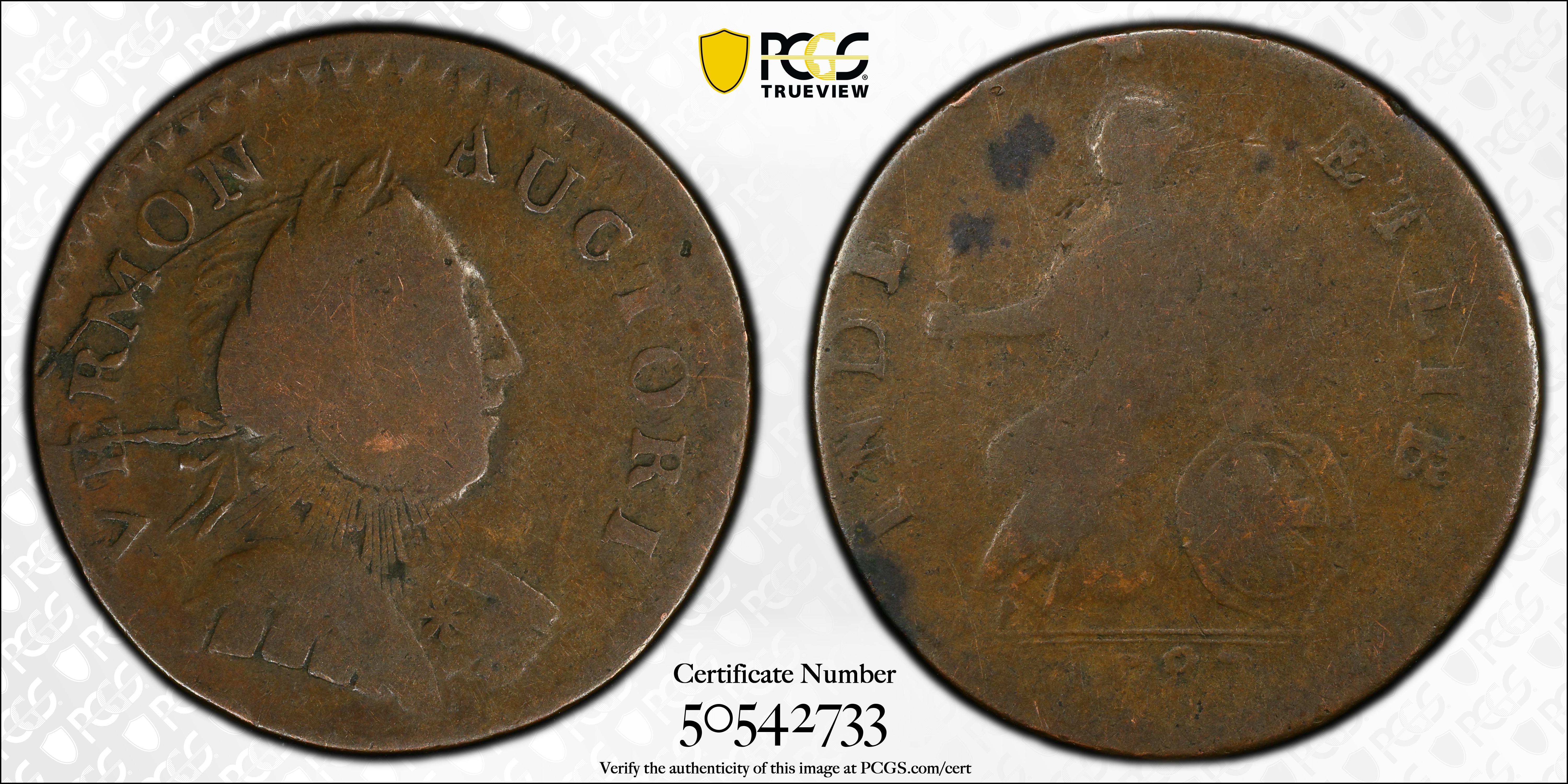 image for: 1787 Vermont Copper. RR-12, Bressett 11-K, W-2110. Rarity-3. Bust Right. Overstruck on a Nova Constellatio Copper. Fine-15 (PCGS).