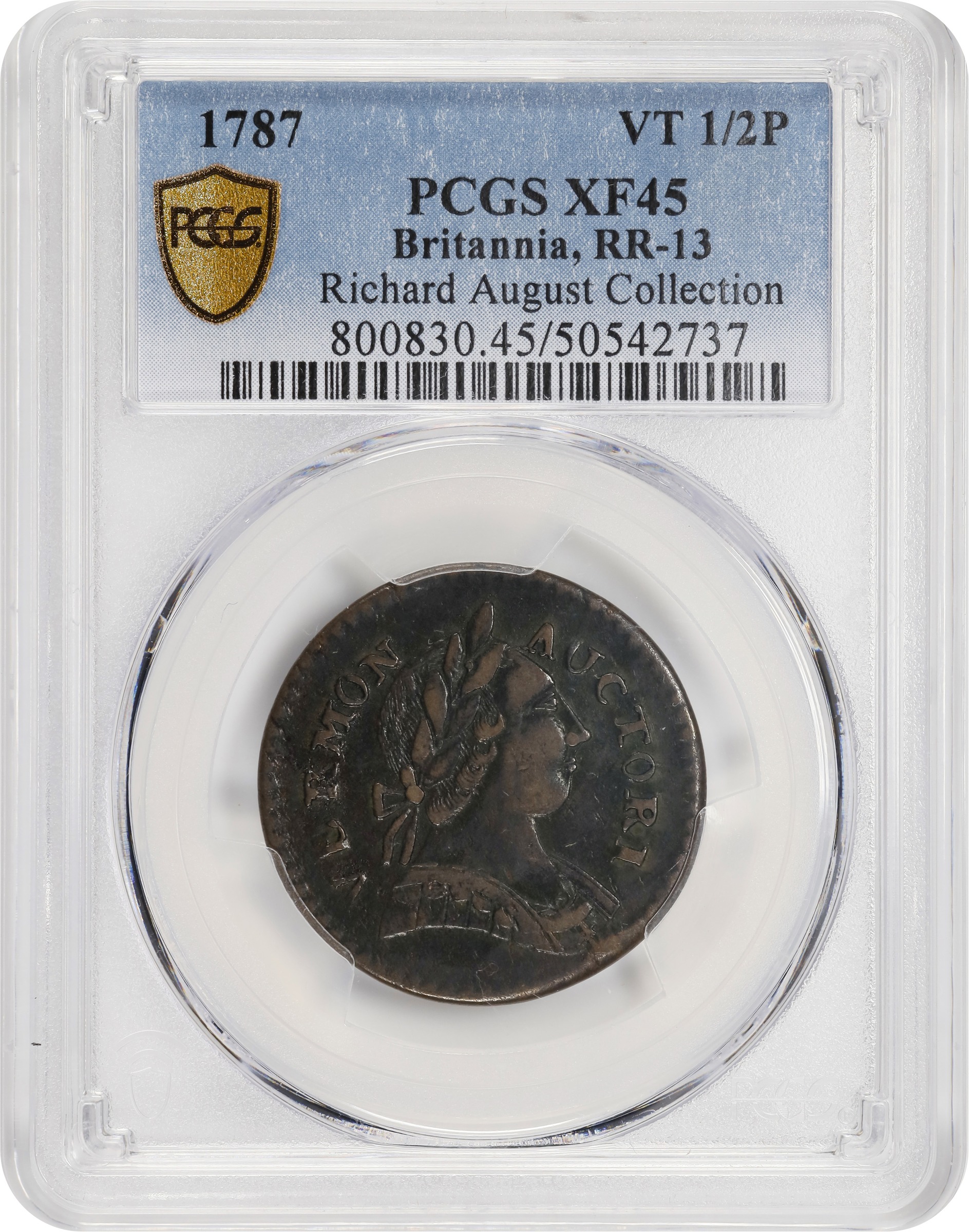 image for: 1787 Vermont Copper. RR-13, Bressett 17-V, W-2255. Rarity-1. BRITANNIA. EF-45 (PCGS).
