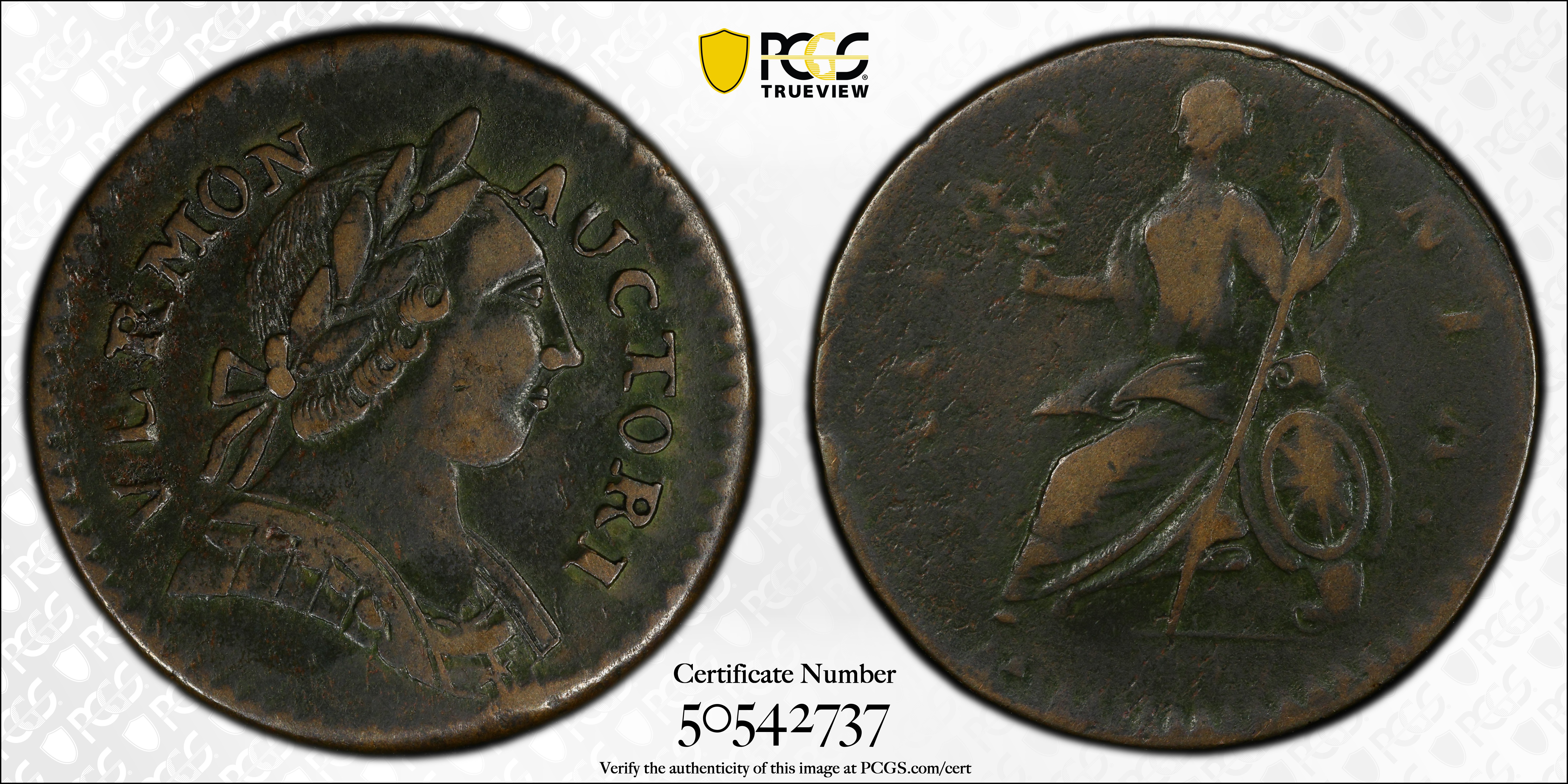 image for: 1787 Vermont Copper. RR-13, Bressett 17-V, W-2255. Rarity-1. BRITANNIA. EF-45 (PCGS).