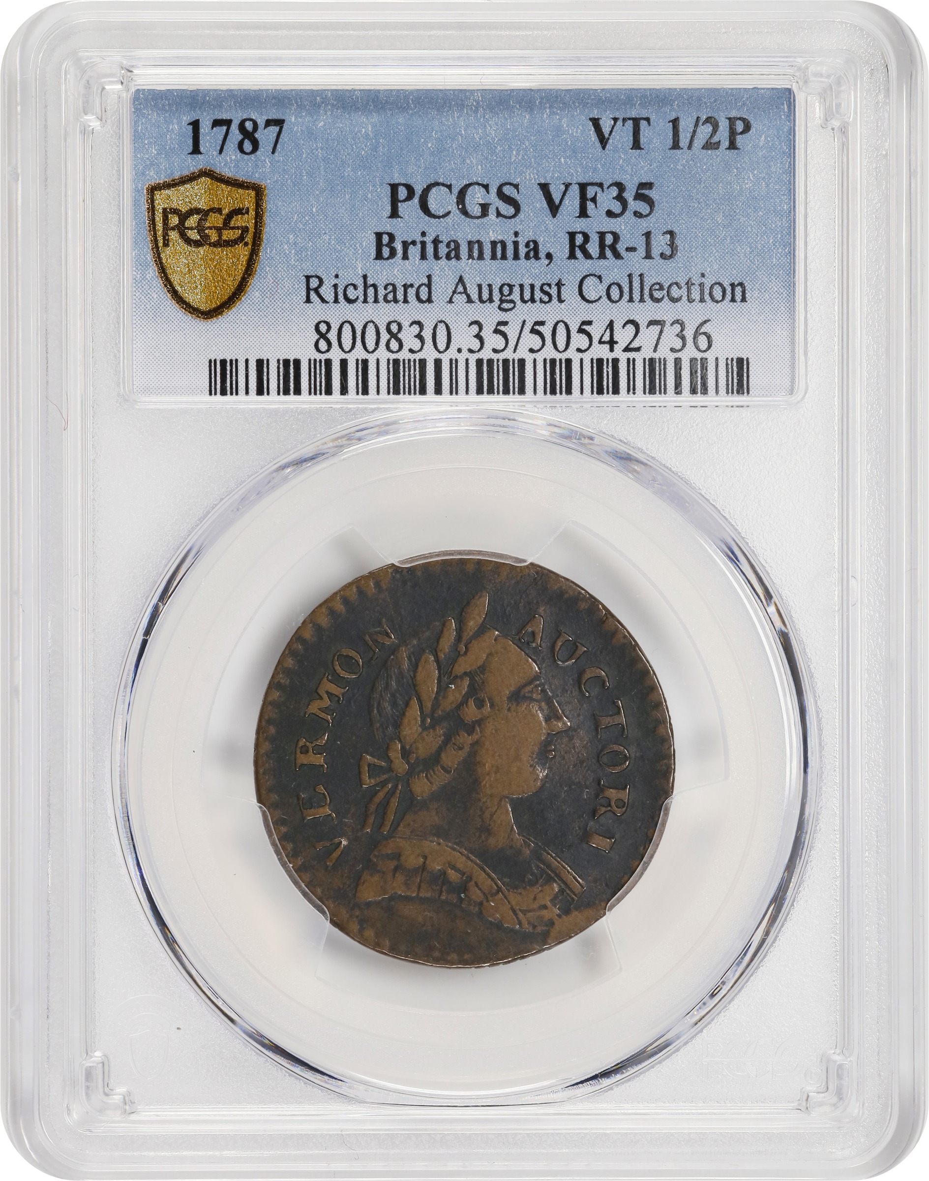 image for: 1787 Vermont Copper. RR-13, Bressett 17-V, W-2255. Rarity-1. BRITANNIA. VF-35 (PCGS).