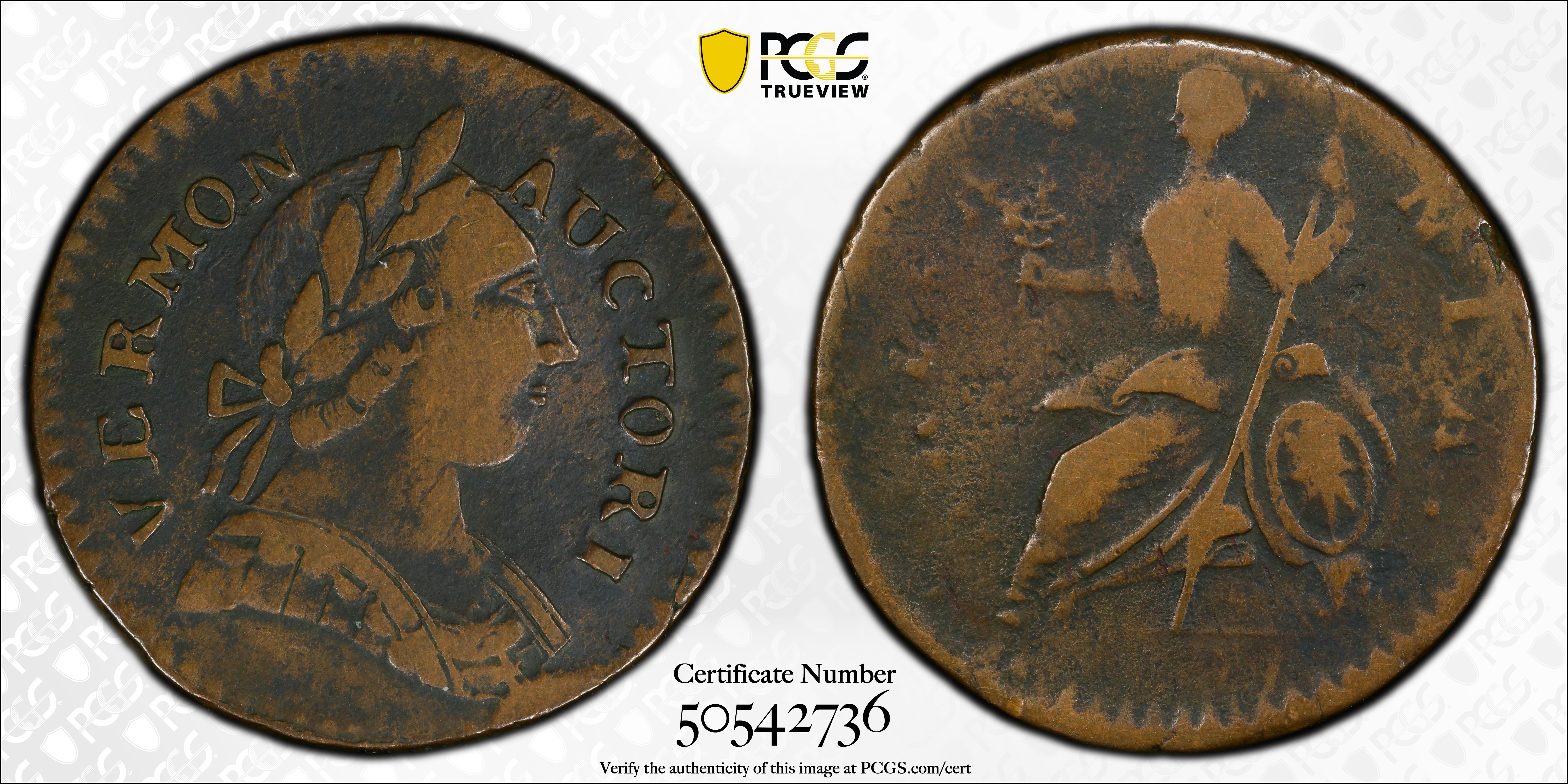 image for: 1787 Vermont Copper. RR-13, Bressett 17-V, W-2255. Rarity-1. BRITANNIA. VF-35 (PCGS).