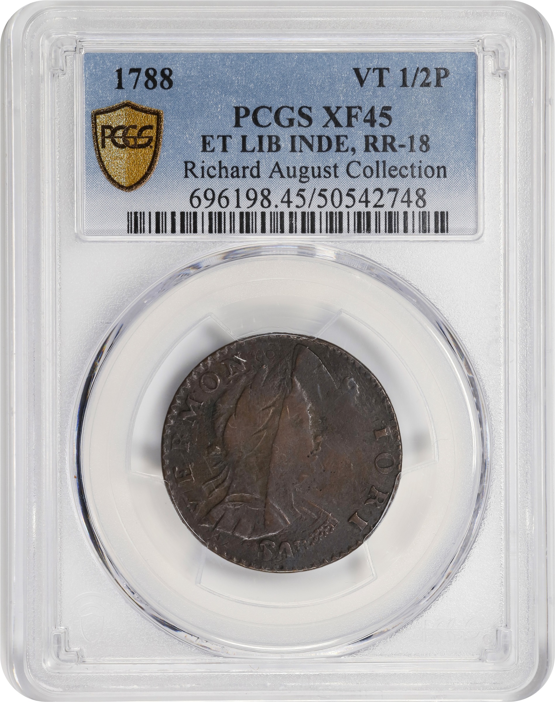 image for: 1788 Vermont Copper. RR-18, Bressett 19-X, W-2135. Rarity-4. Bust Right, *ET LIB* *INDE. EF-45 (PCGS).