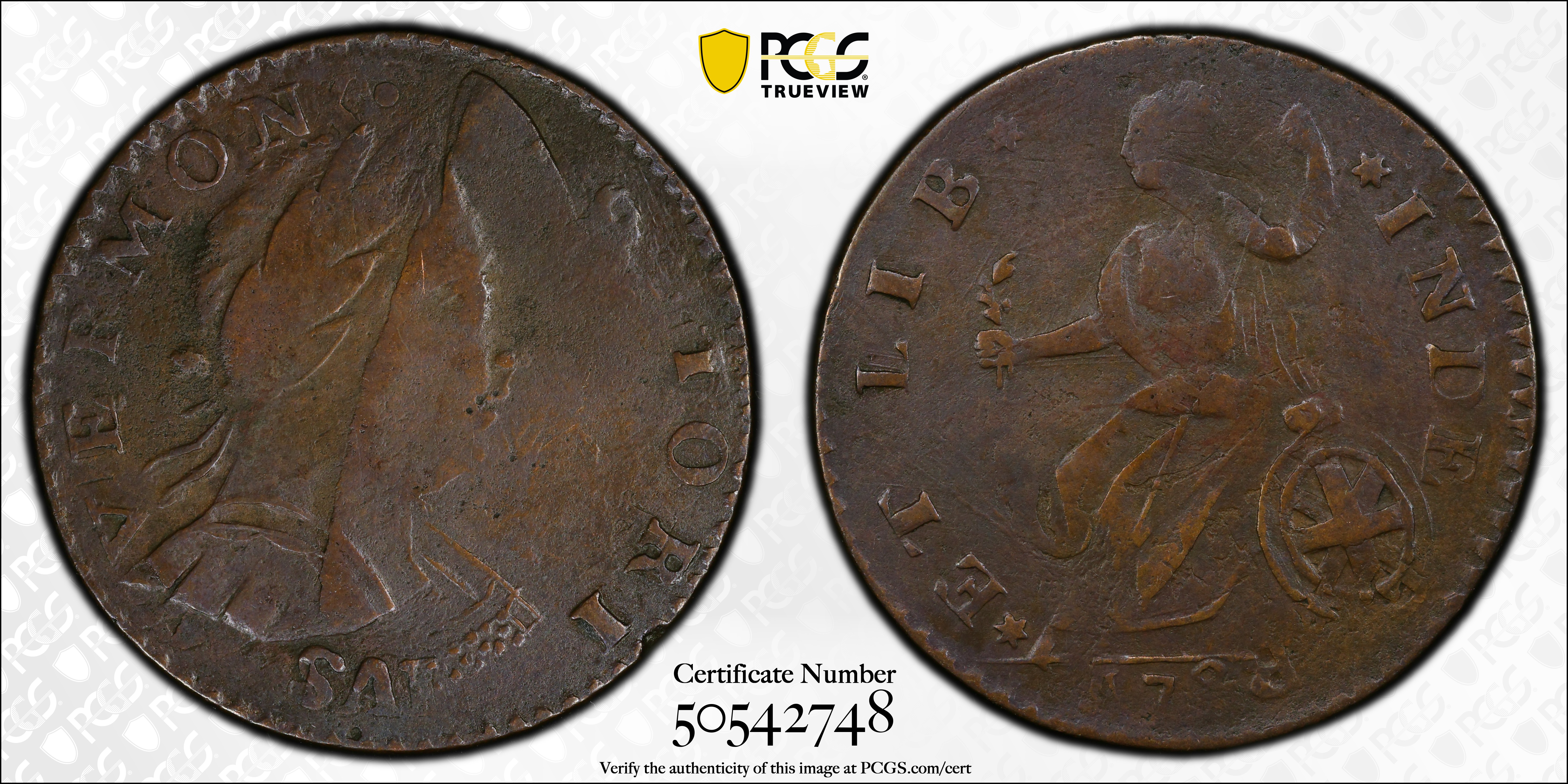 image for: 1788 Vermont Copper. RR-18, Bressett 19-X, W-2135. Rarity-4. Bust Right, *ET LIB* *INDE. EF-45 (PCGS).