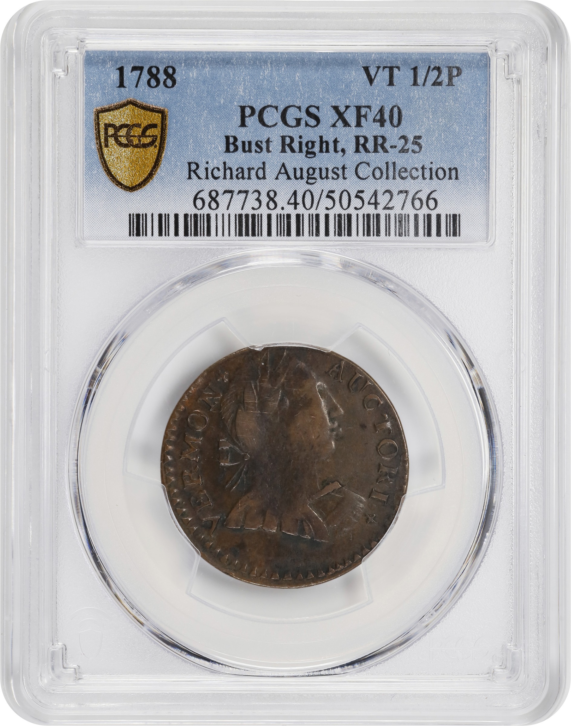 image for: 1788 Vermont Copper. RR-25, Bressett 16-U, W-2195. Rarity-2. Bust Right. EF-40 (PCGS).