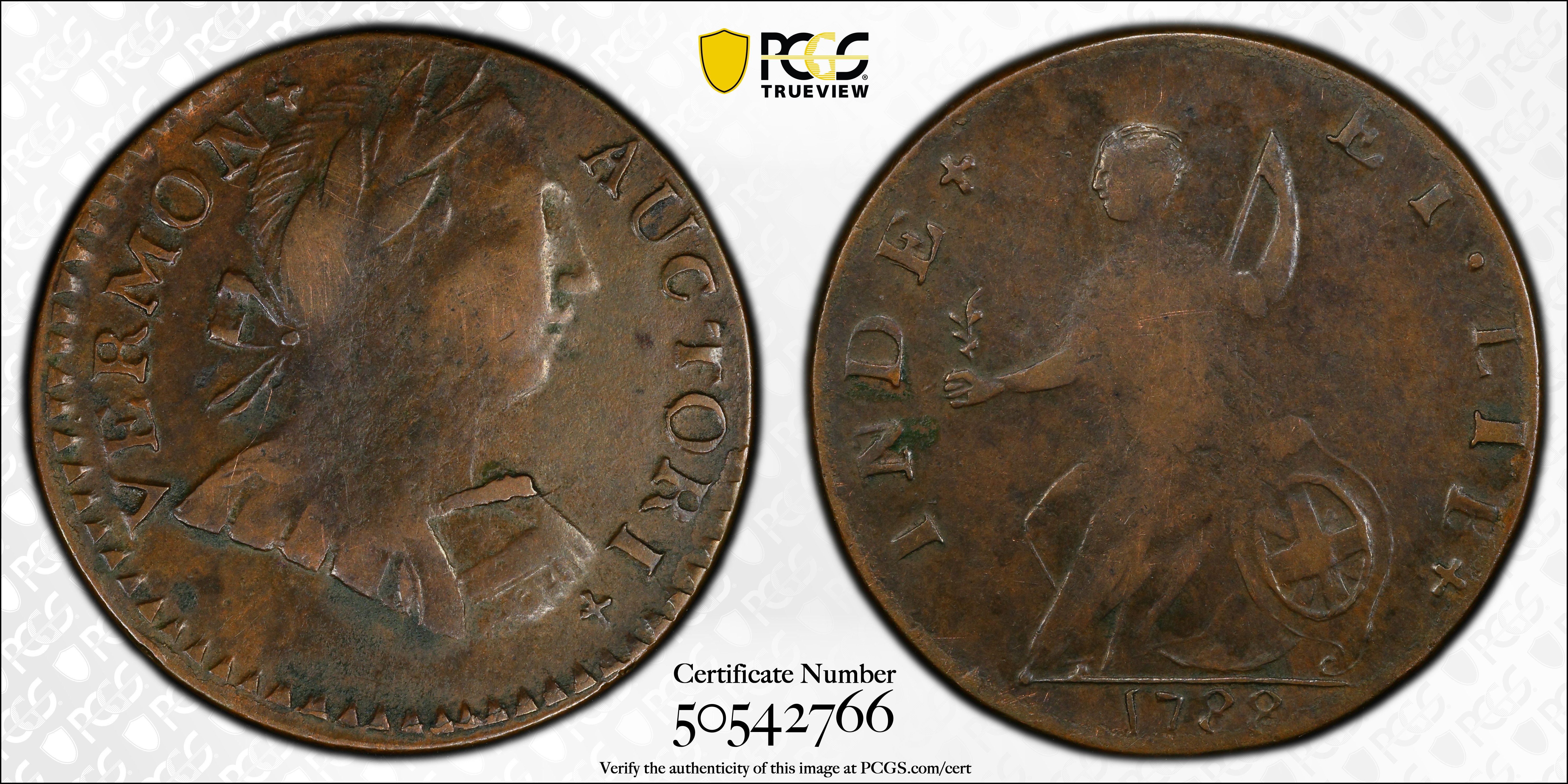 image for: 1788 Vermont Copper. RR-25, Bressett 16-U, W-2195. Rarity-2. Bust Right. EF-40 (PCGS).