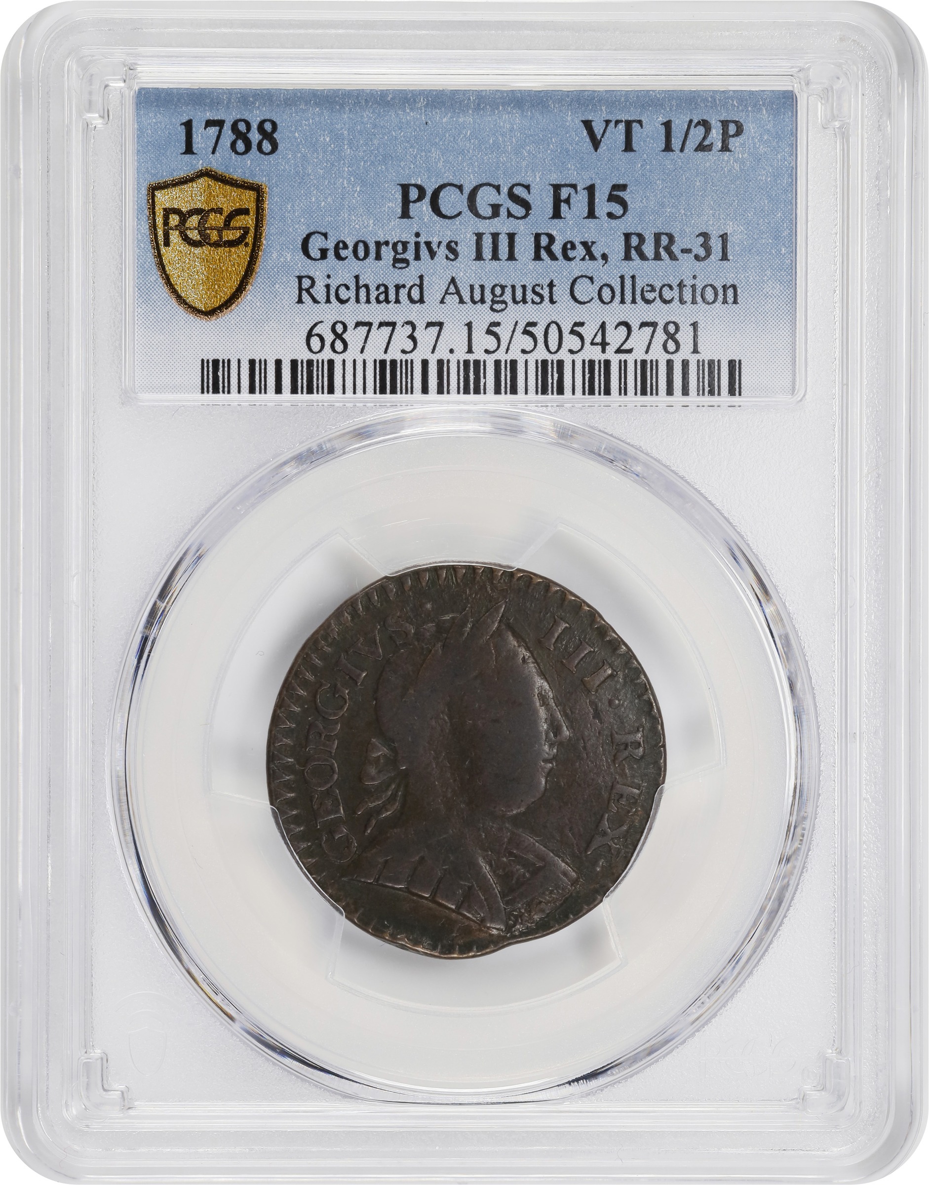 image for: 1788 Vermont Copper. RR-31, Bressett 24-U, Vlack 22-88VT, W-2260. Rarity-4. GEORGIVS III REX. Fine-15 (PCGS).