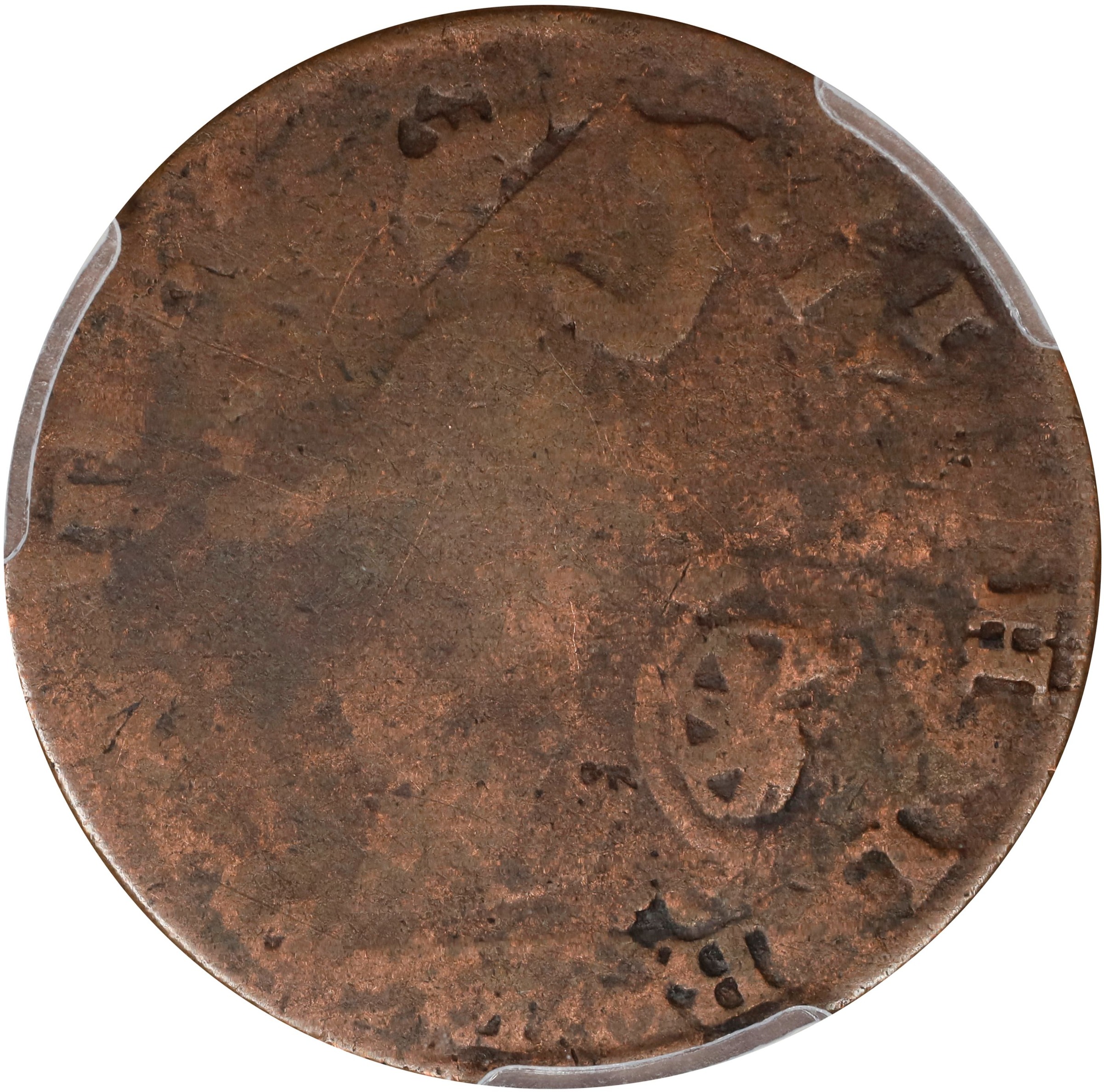 image for: 1788 Vermont Copper. RR-35, Bressett 20-X, W-2130. Rarity-6. Bust Right, *ET LIB* *INDE. Overstruck on a Contemporary Counterfeit Irish Halfpenny. VG-10 (PCGS).