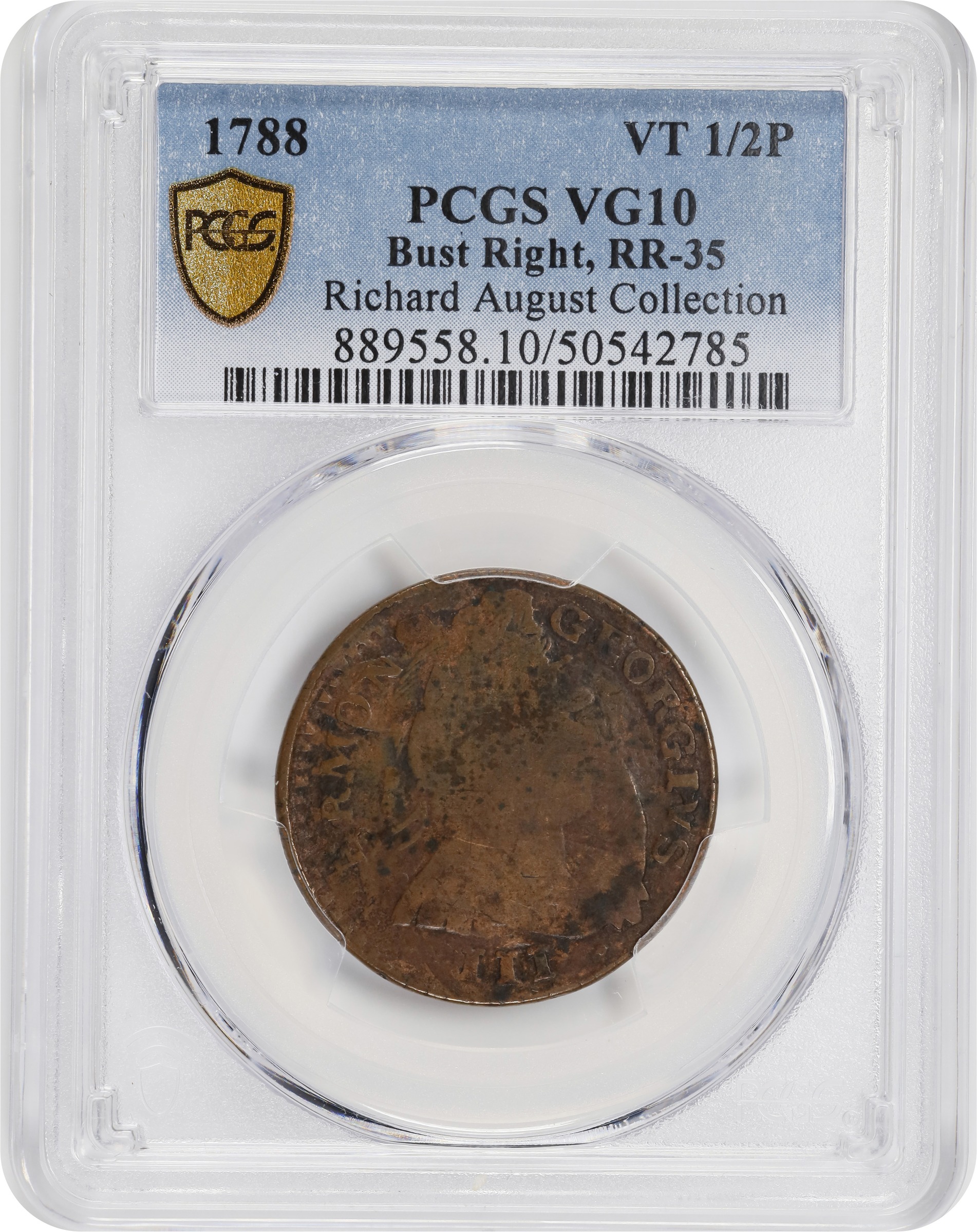 image for: 1788 Vermont Copper. RR-35, Bressett 20-X, W-2130. Rarity-6. Bust Right, *ET LIB* *INDE. Overstruck on a Contemporary Counterfeit Irish Halfpenny. VG-10 (PCGS).