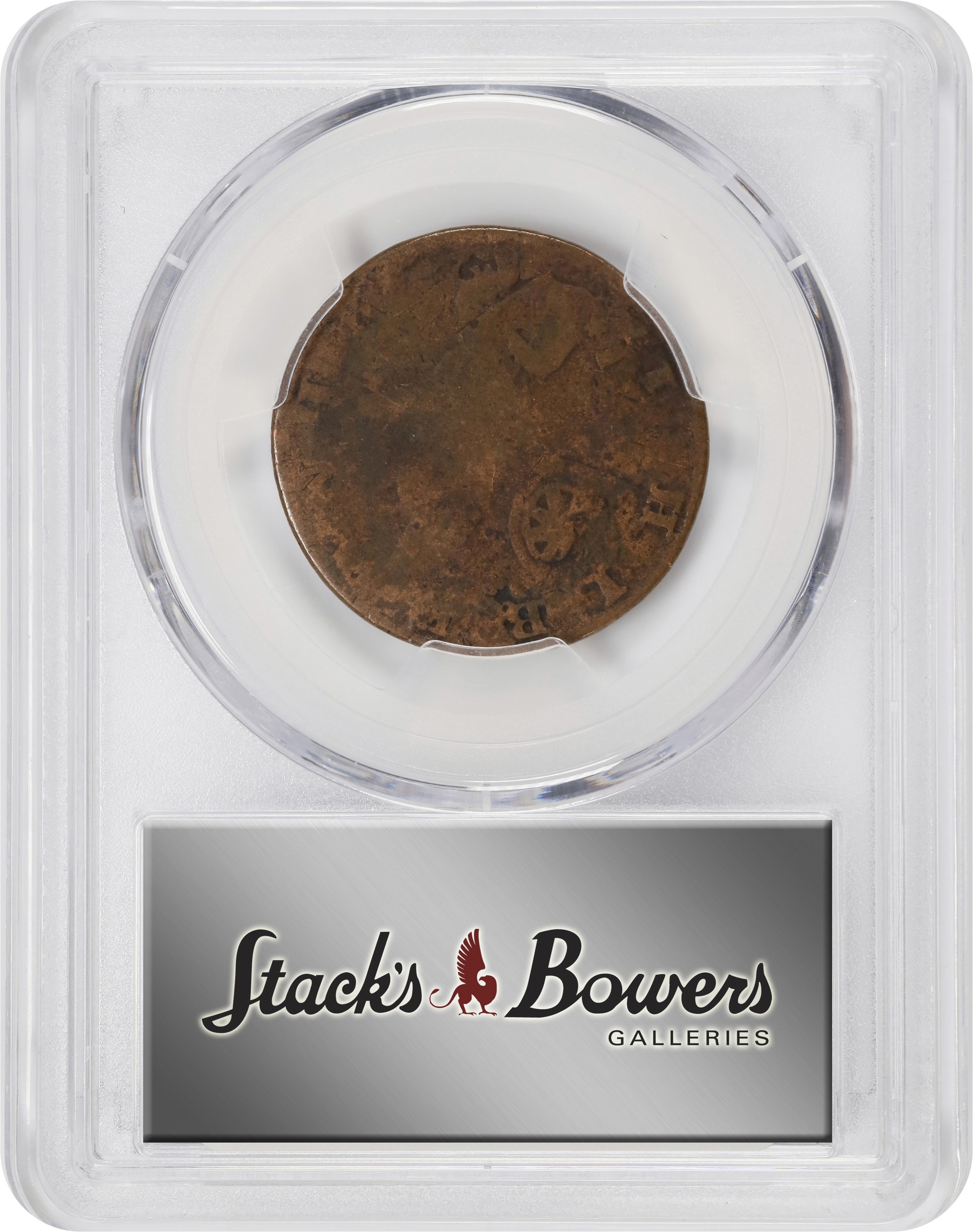 image for: 1788 Vermont Copper. RR-35, Bressett 20-X, W-2130. Rarity-6. Bust Right, *ET LIB* *INDE. Overstruck on a Contemporary Counterfeit Irish Halfpenny. VG-10 (PCGS).