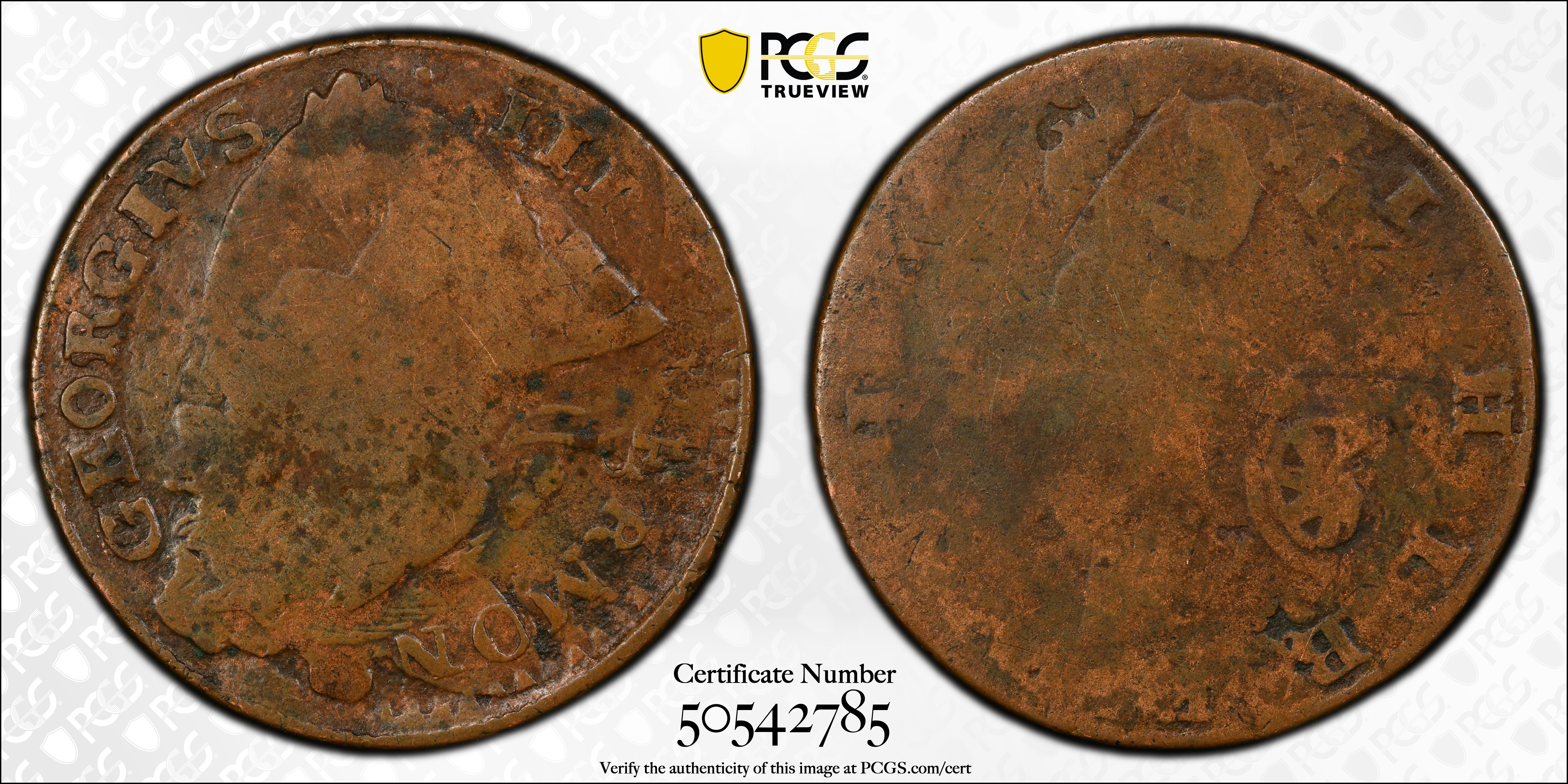 image for: 1788 Vermont Copper. RR-35, Bressett 20-X, W-2130. Rarity-6. Bust Right, *ET LIB* *INDE. Overstruck on a Contemporary Counterfeit Irish Halfpenny. VG-10 (PCGS).
