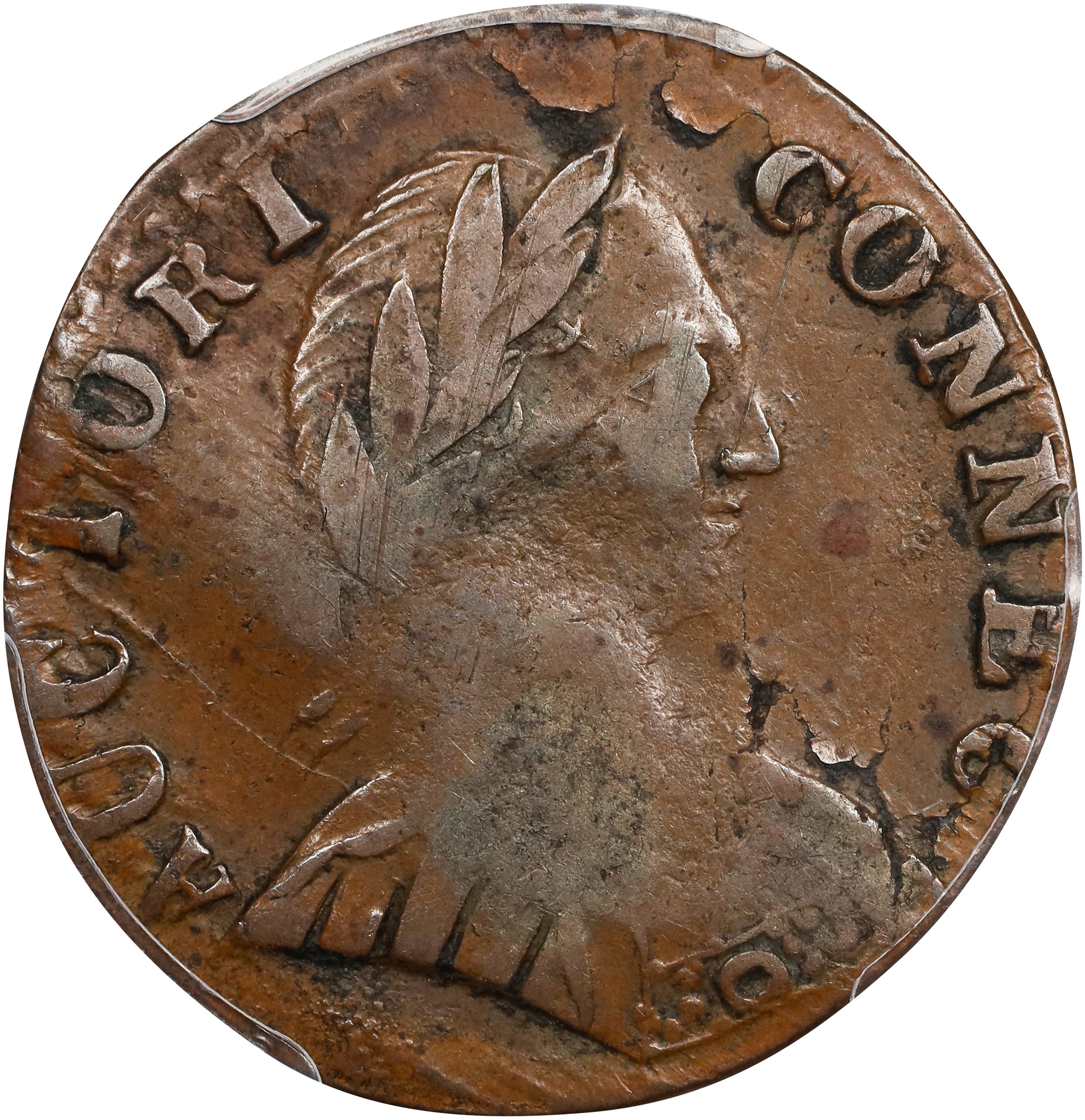 image for: 1788 Vermont Copper. RR-39, Bressett 25-U, Miller 1-I, W-2265 and W-4400. Rarity-5-. Mailed Bust Right, Small Head, Vermont Reverse. VF-25 (PCGS).