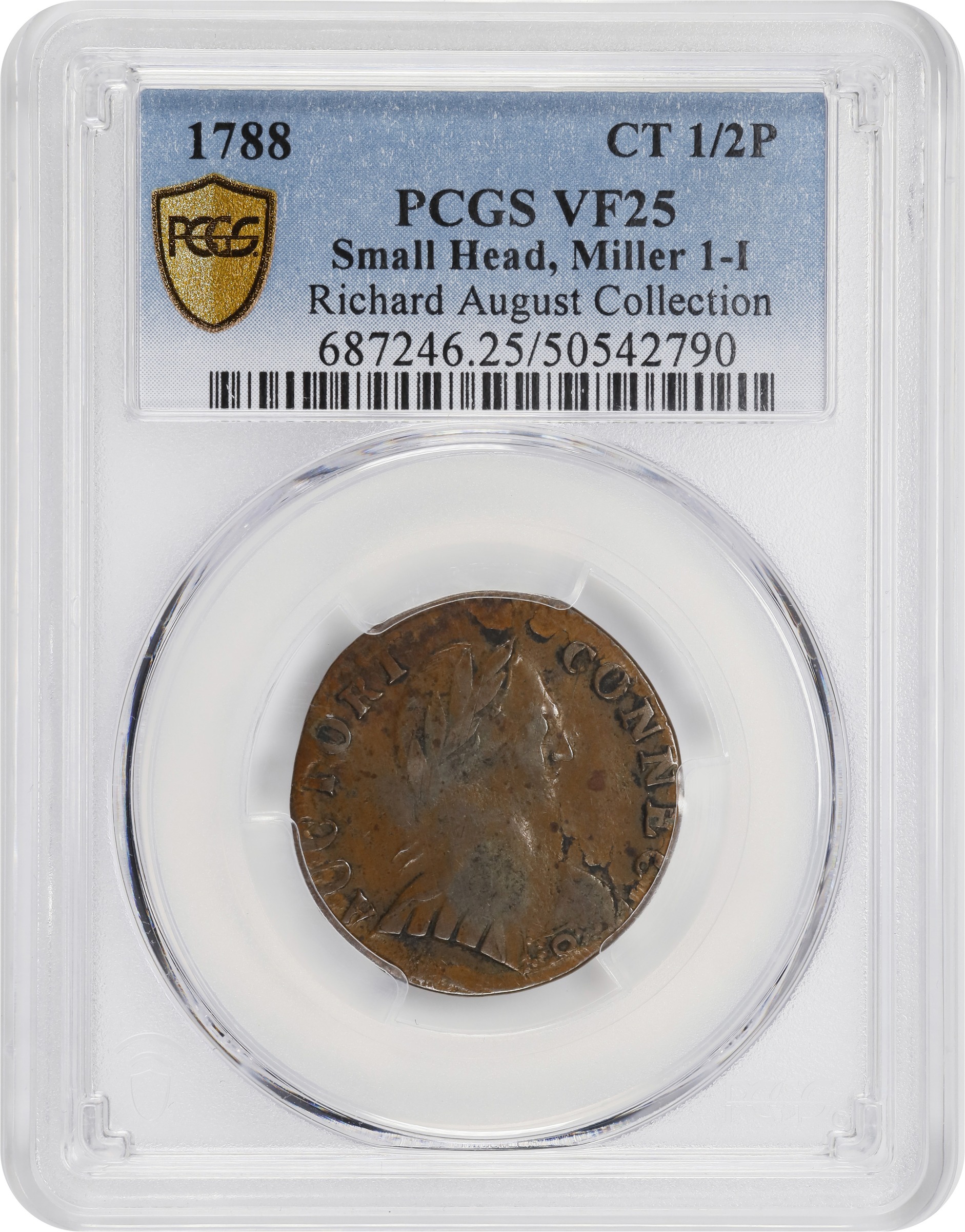 image for: 1788 Vermont Copper. RR-39, Bressett 25-U, Miller 1-I, W-2265 and W-4400. Rarity-5-. Mailed Bust Right, Small Head, Vermont Reverse. VF-25 (PCGS).