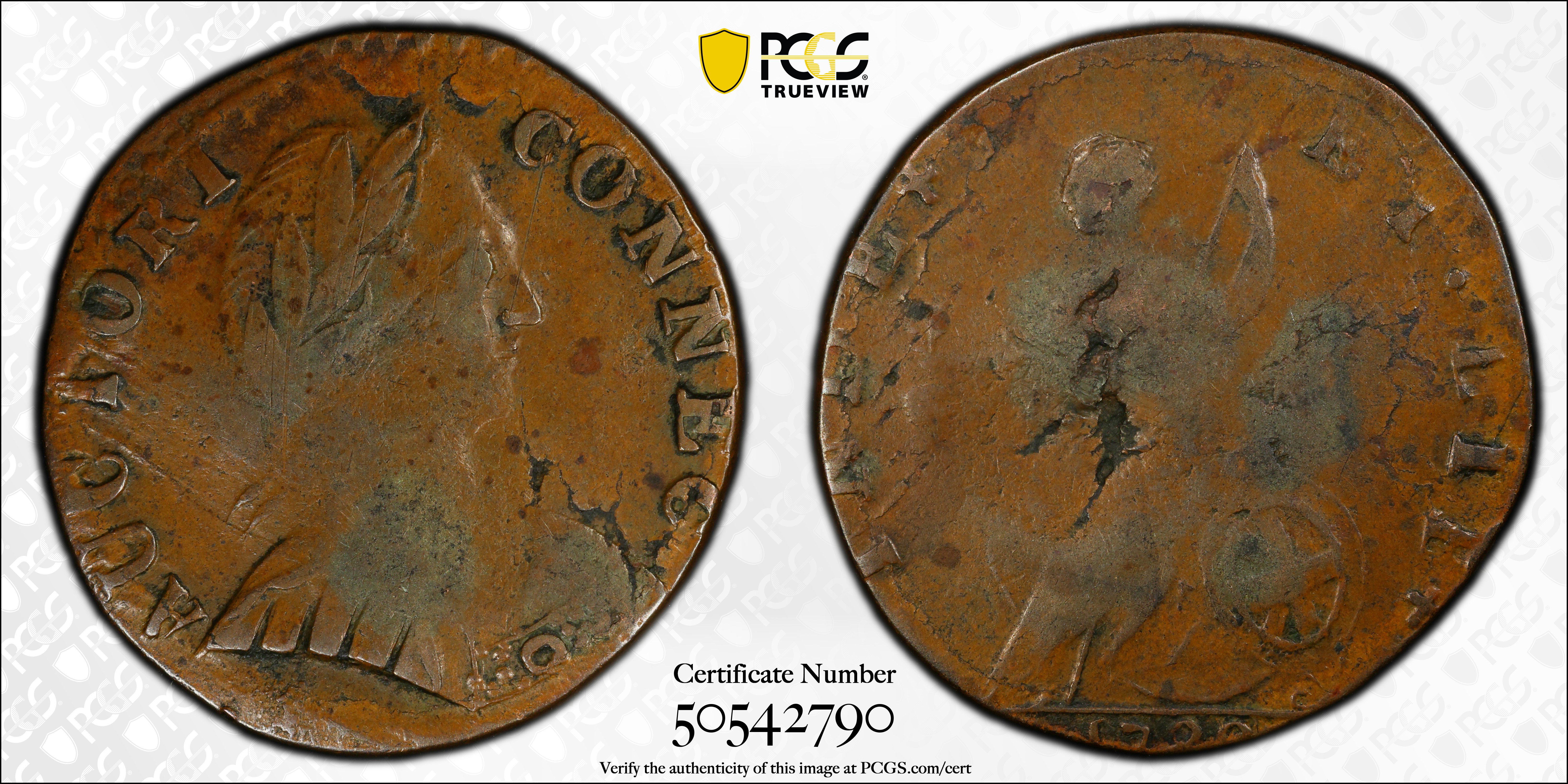 image for: 1788 Vermont Copper. RR-39, Bressett 25-U, Miller 1-I, W-2265 and W-4400. Rarity-5-. Mailed Bust Right, Small Head, Vermont Reverse. VF-25 (PCGS).