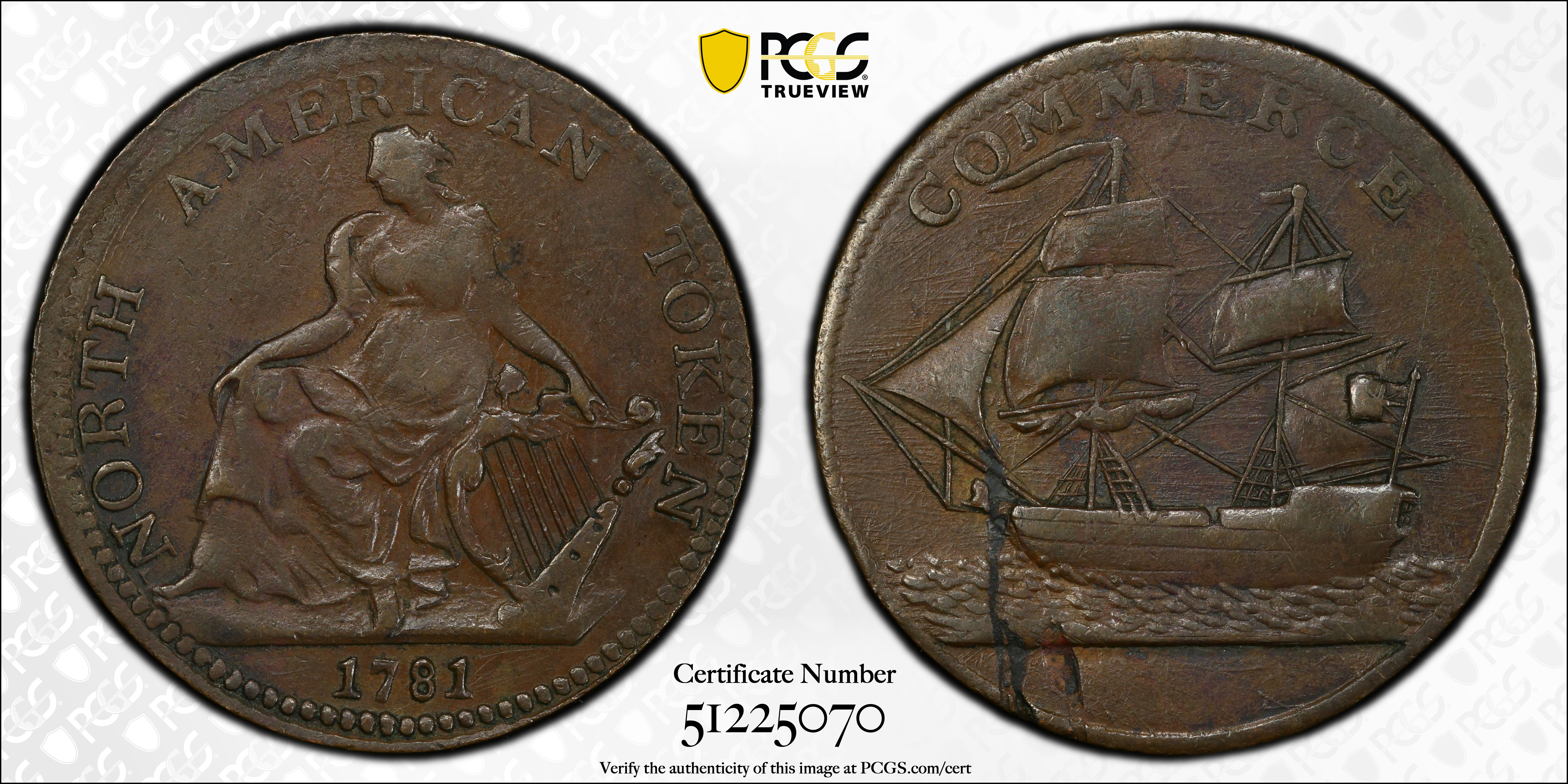 image for: "1781" (ca. 1820) North American Token. W-13980. Rarity-2. AU-50 (PCGS).