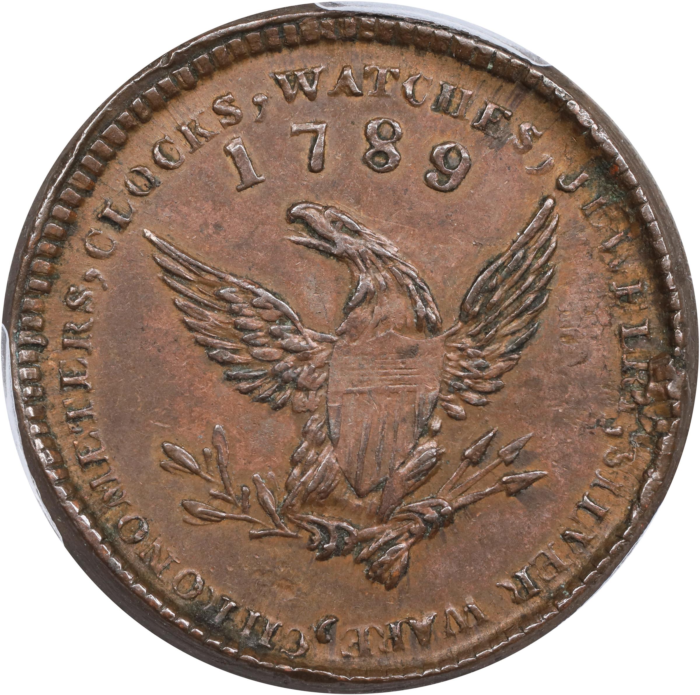 image for: "1789" Mott Token. Rulau-E NY 610, Breen-1020. Thick Planchet. Plain Edge. AU-58 (PCGS).